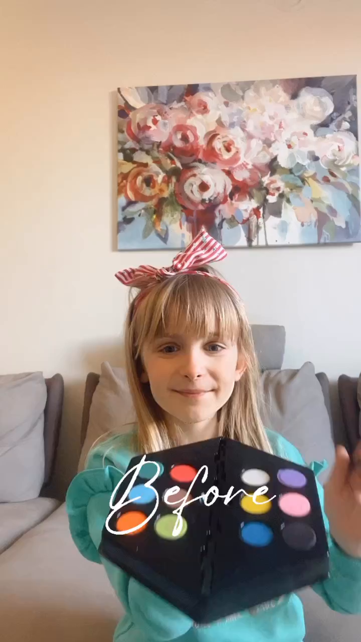 A young girl with a red and white headband holds a black makeup palette with colorful eyeshadows. The word "Before" is written on the image.