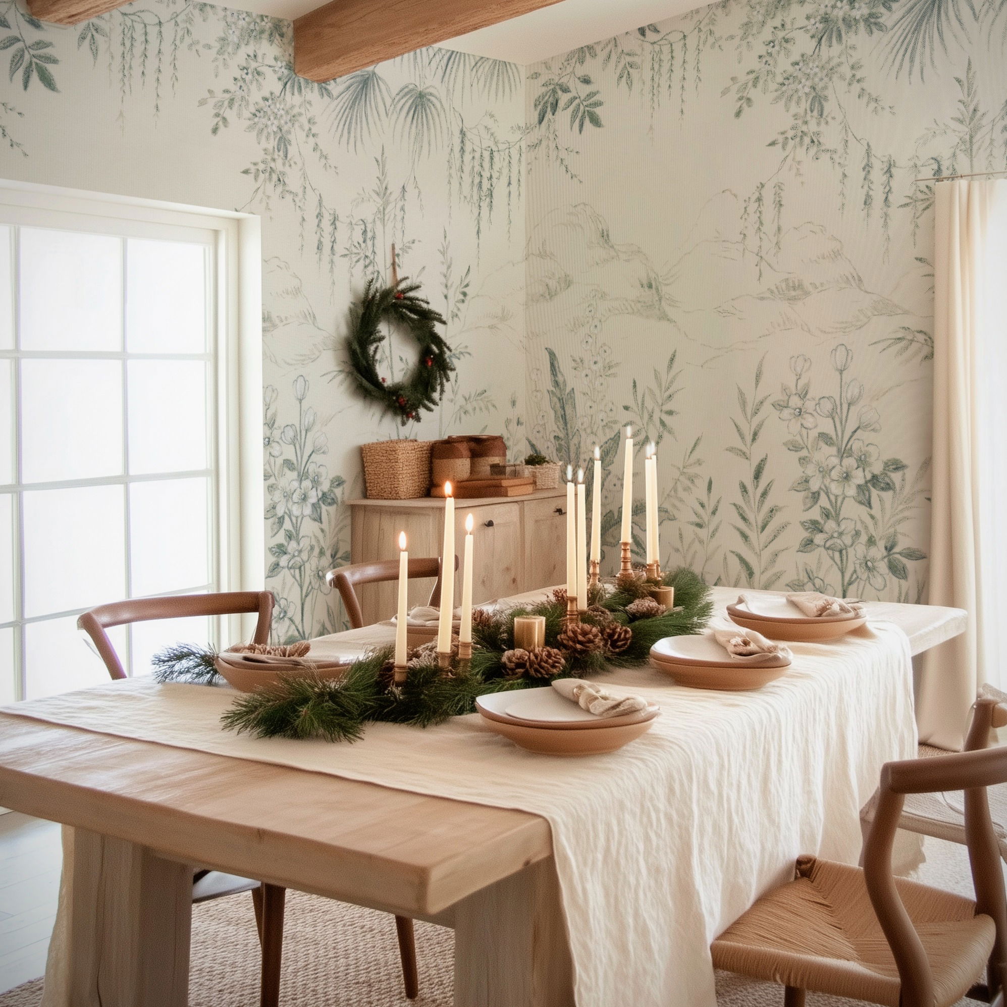 Festive dining room with botanical wallpaper, wooden table, lit candles, and pinecone decor.