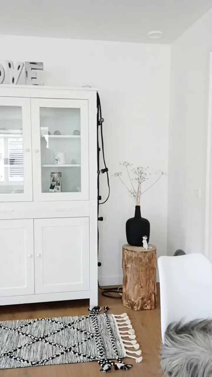Living room corner with white cabinet, black vase with dried flowers on a wood stump, and a black and white rug.
