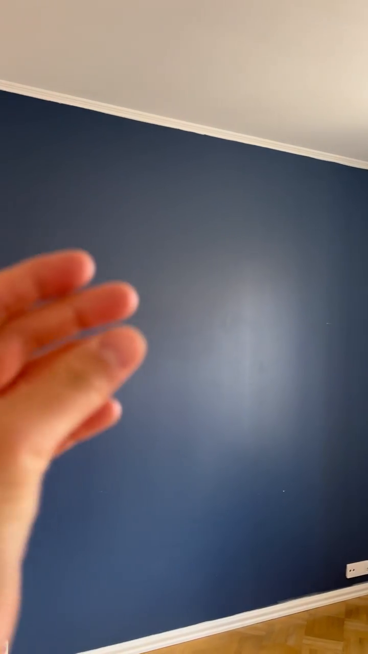 Interior wall painted dark blue with white trim and a blurred hand in the foreground.
