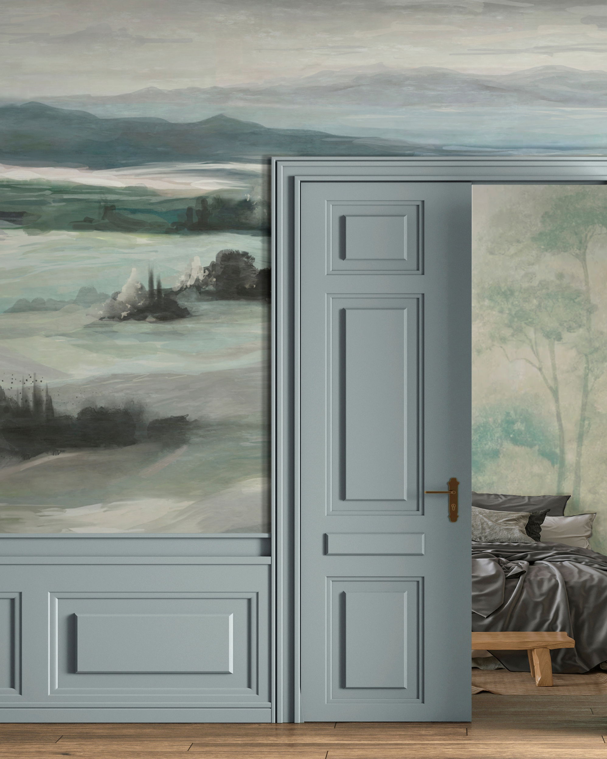 Interior with landscape mural, blue paneled door ajar revealing bedroom.