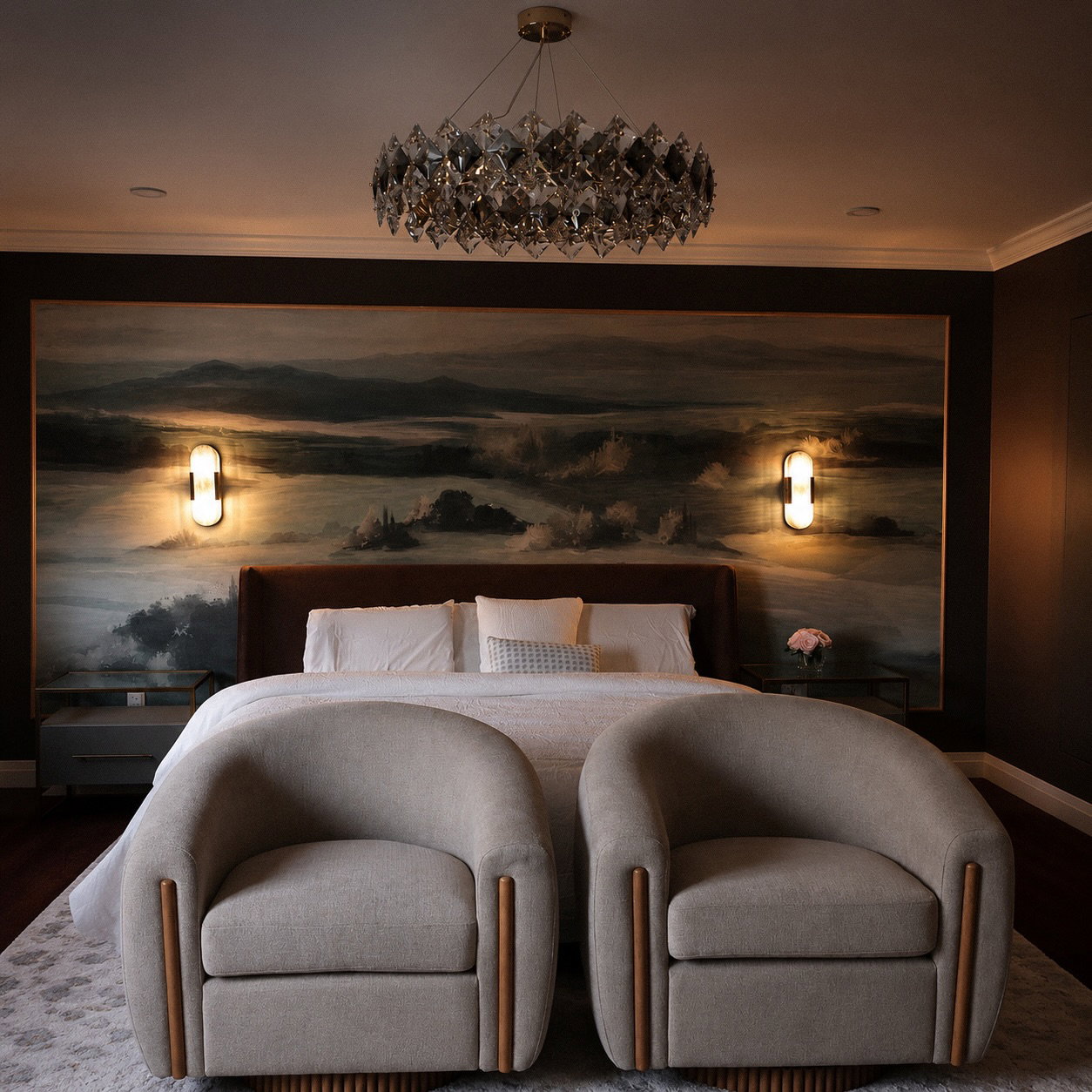 Two upholstered chairs in front of a bed with a large scenic mural above it.