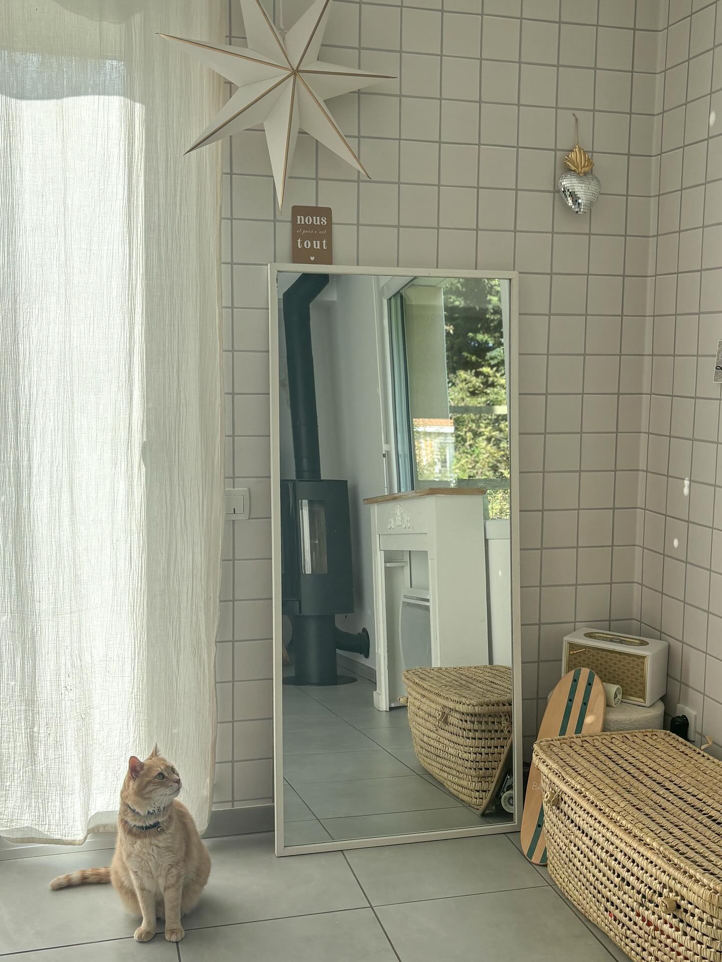 Innenansicht mit orangefarbener Katze, raumhohem, weiß gerahmtem Spiegel, Korb und gefliester Wand.