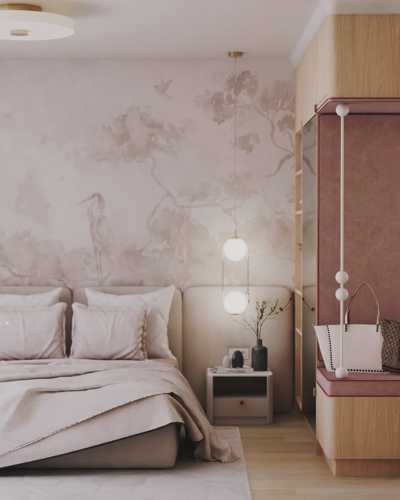 Bedroom with a pink and beige aesthetic, featuring a heron mural and a modern hanging lamp.
