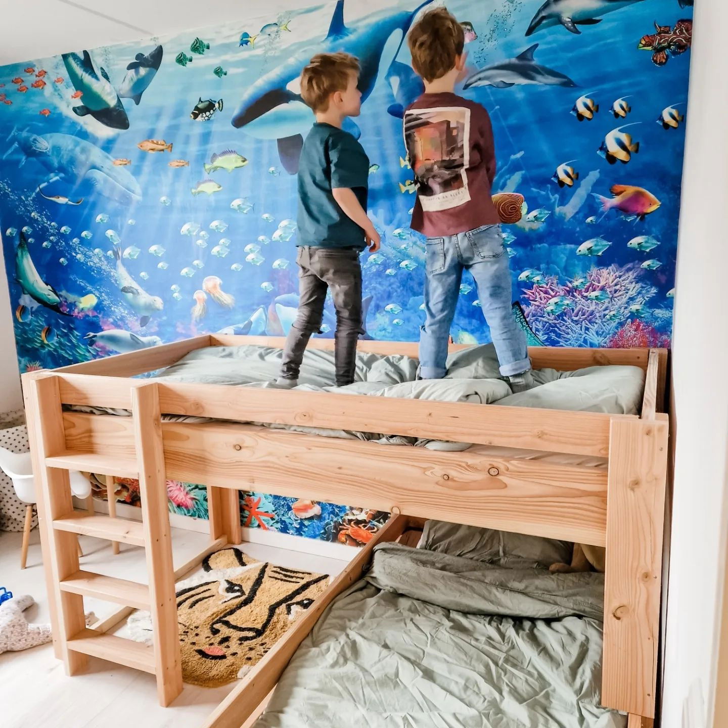 Two boys stand on a wooden bunk bed with an ocean-themed wallpaper behind it.