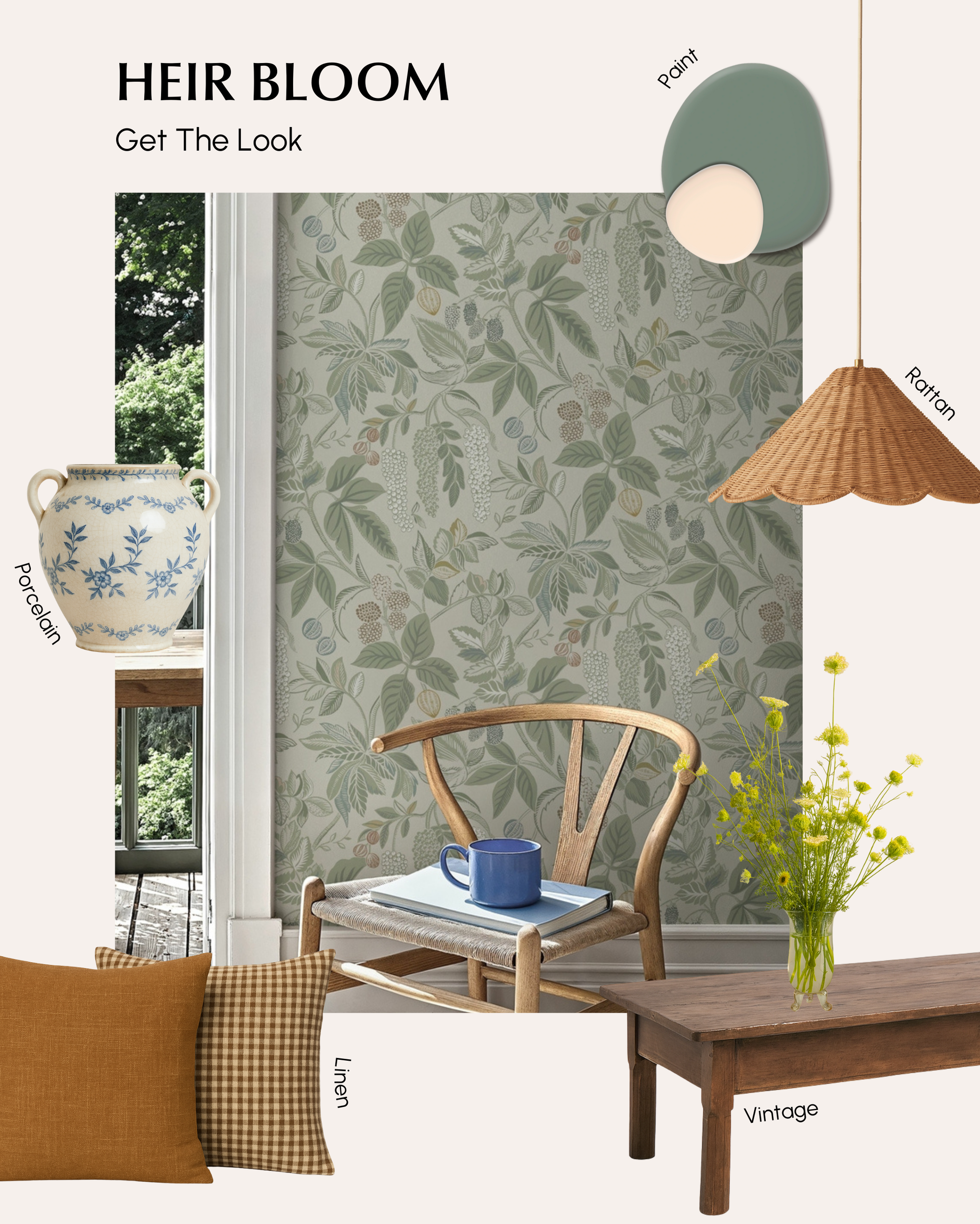 "Heir Bloom" room design featuring floral wallpaper, rattan pendant light, and vintage wood table.