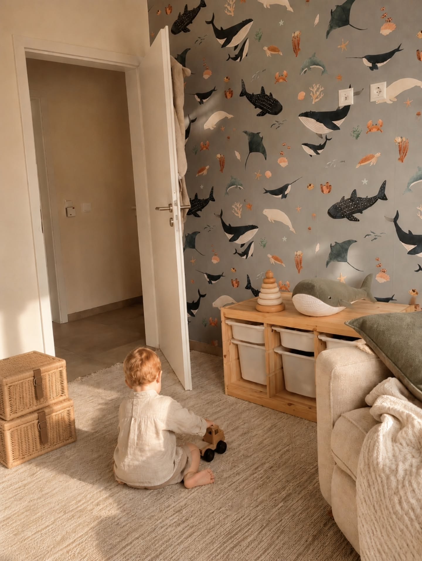 Toddler playing with a wooden car on a rug in a room with whale-themed wallpaper.