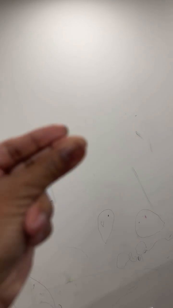 Blurred hand making a heart shape in front of a wall with children's drawings.