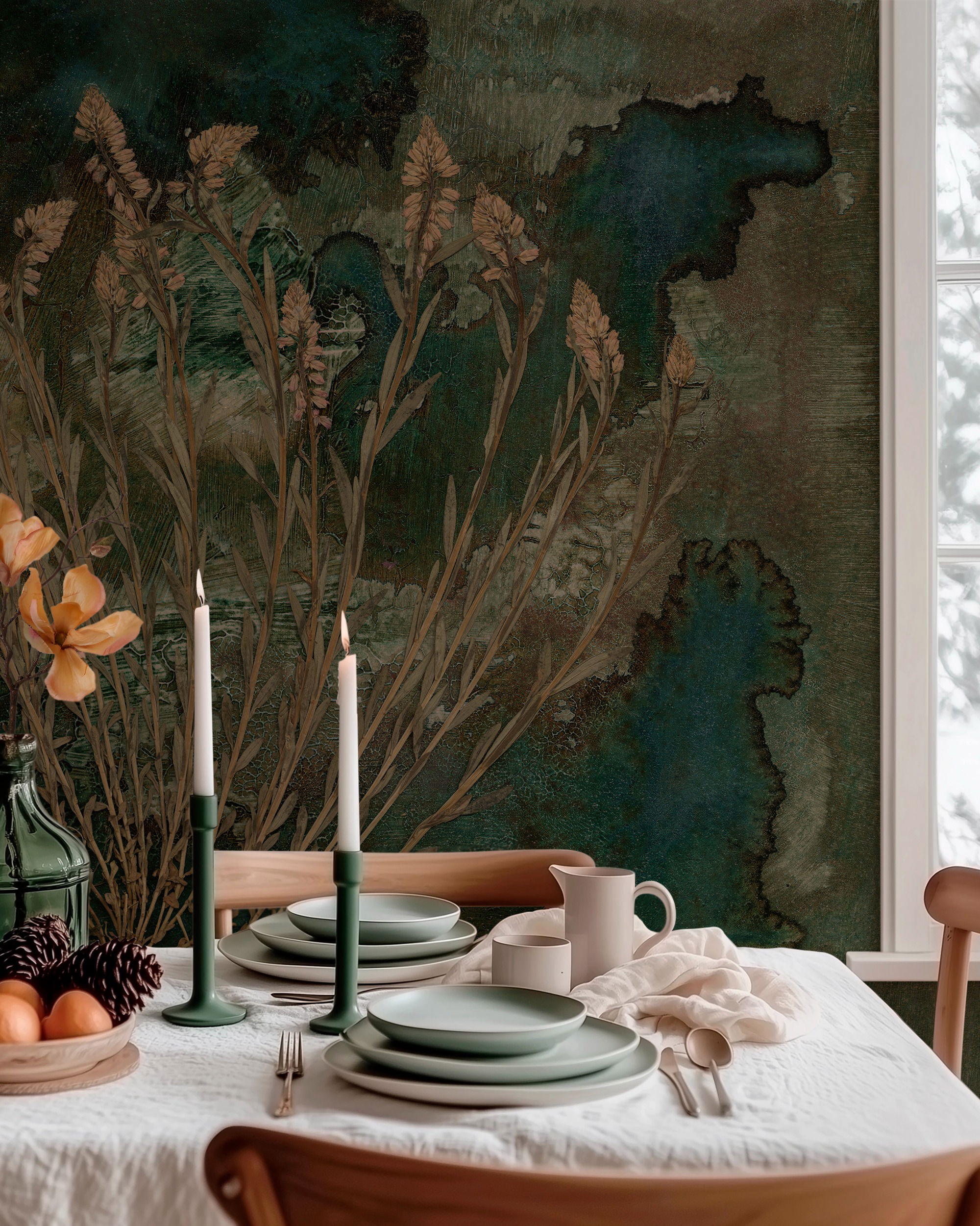 Table setting with green plates, candles, and floral wallpaper.