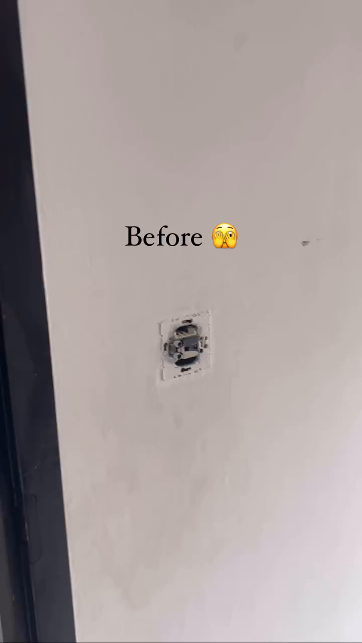 Damaged electrical outlet on a white wall, labeled "Before."