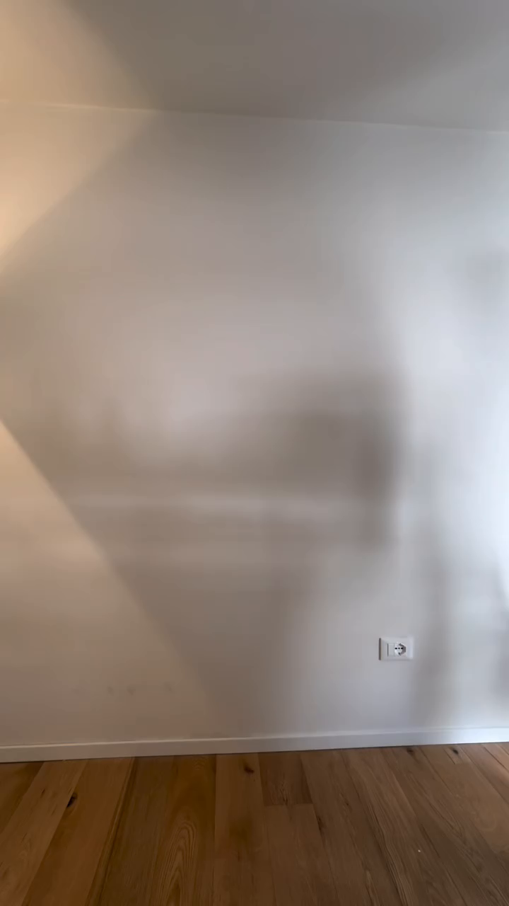 Interior view of a white wall with an electrical outlet and hardwood floors.