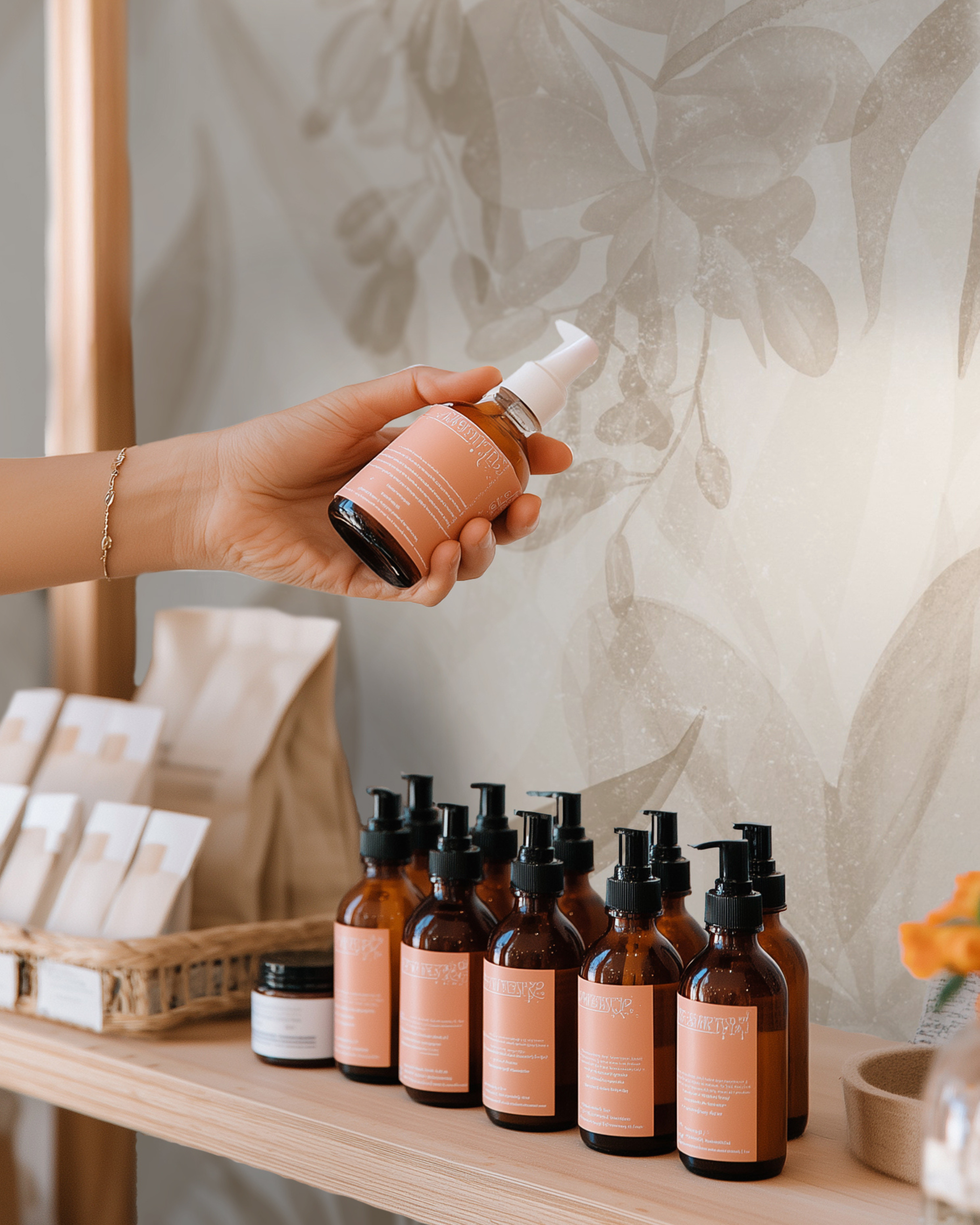 Hand holding amber glass bottle with pump. Shelf of skincare products in amber bottles.