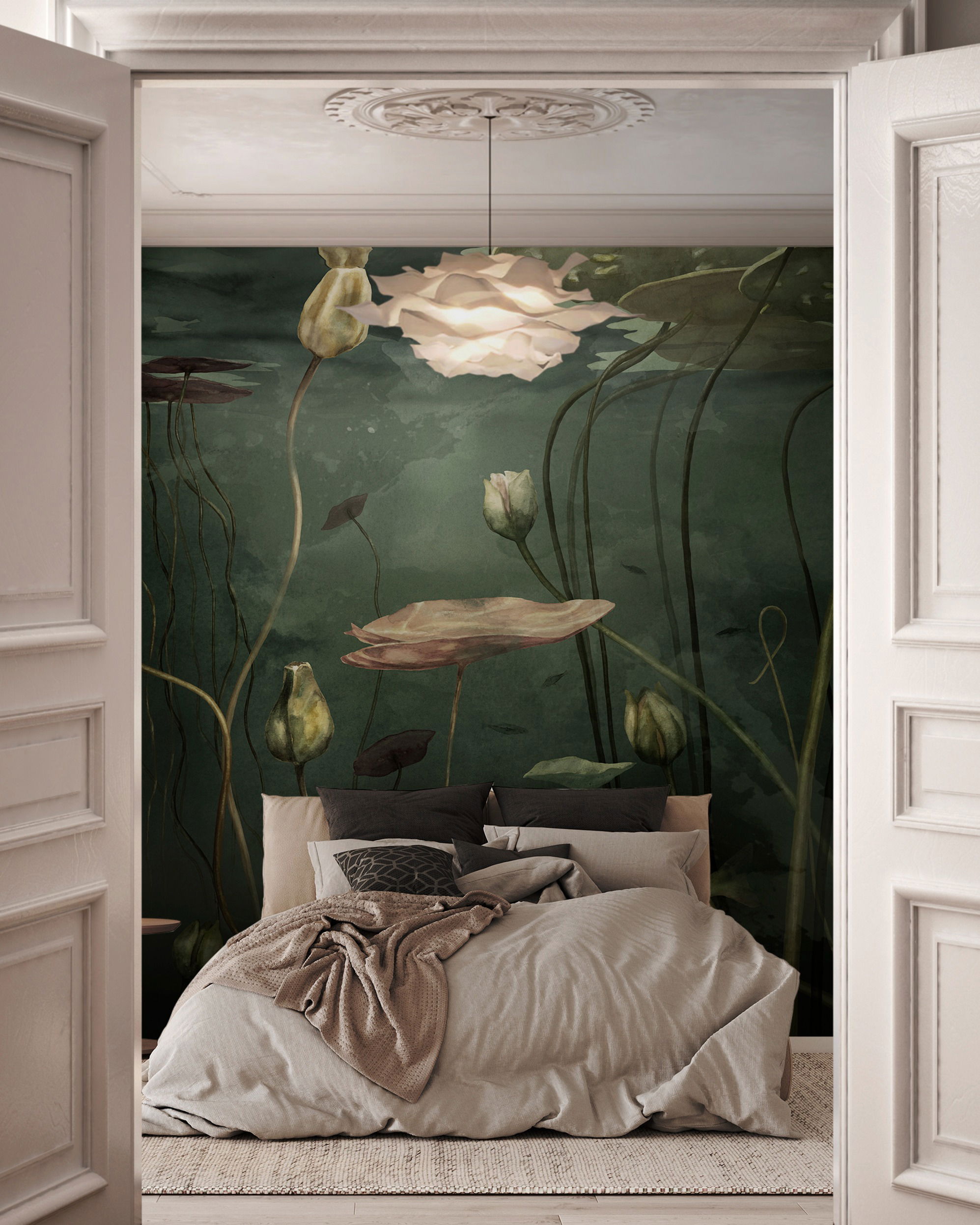 Bedroom with lotus mural, beige bedding, and white doors.