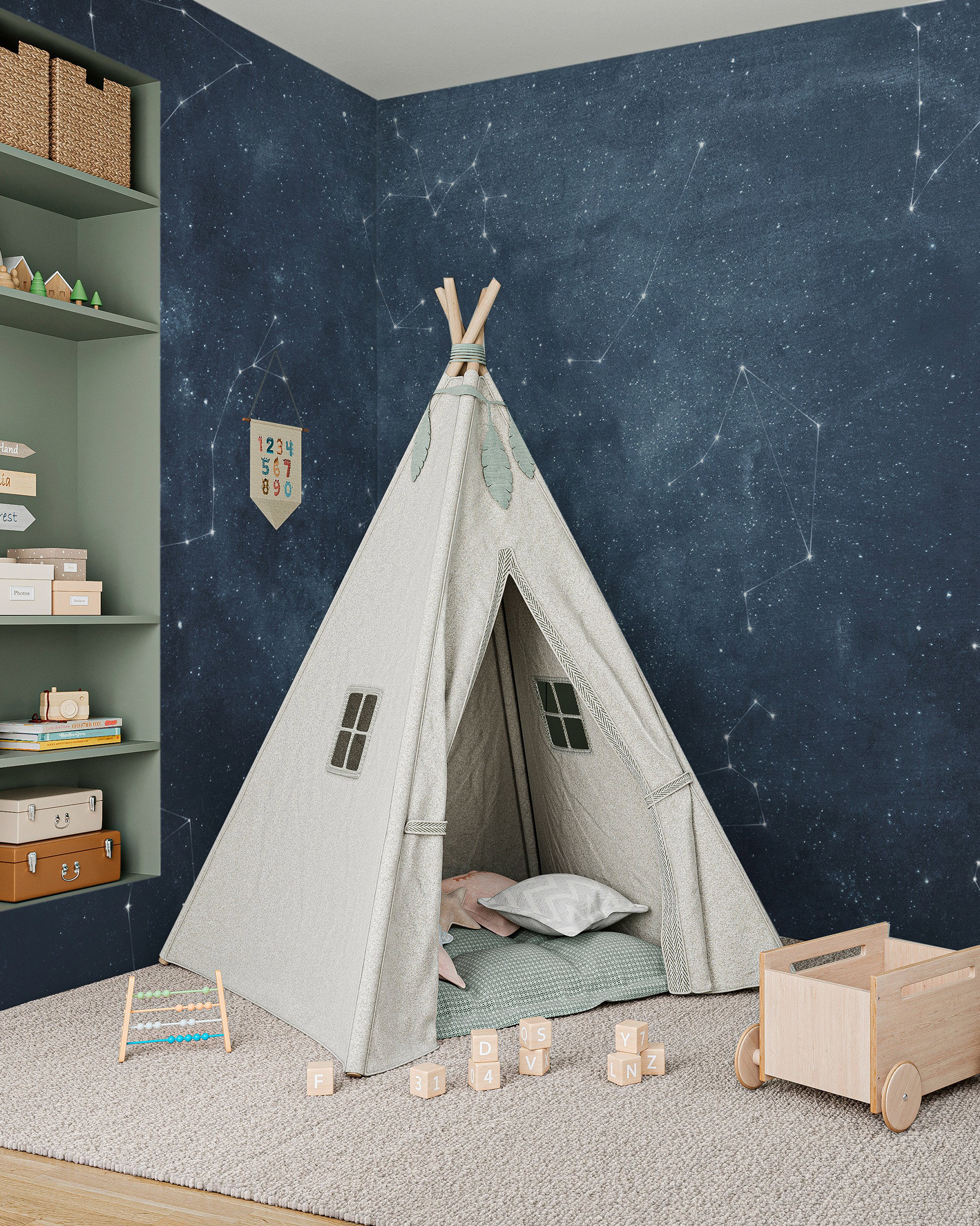 Kinderzimmer mit Tipi, Holzspielzeug und Sternbildtapete.