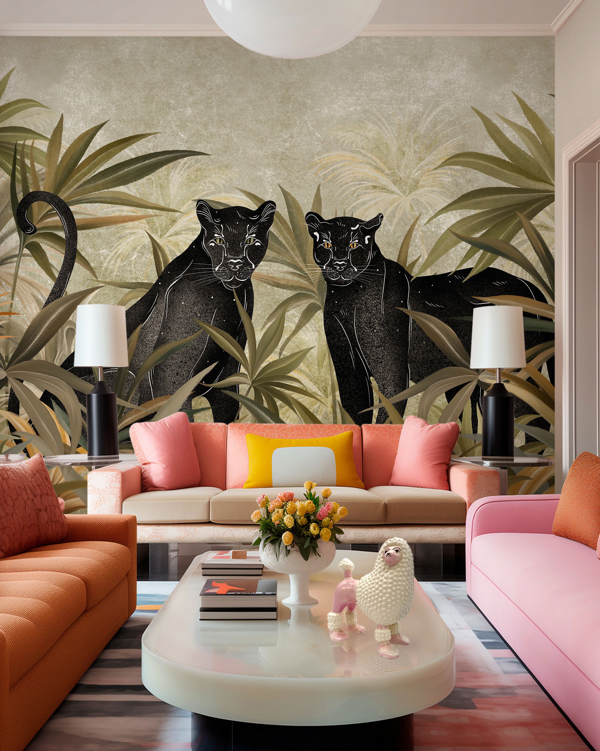 Living room with black panther wallpaper, colorful sofas, and a white coffee table.