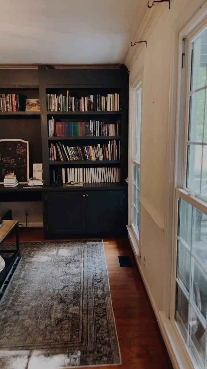 Living room with dark built-in bookcase filled with books, and a patterned rug.