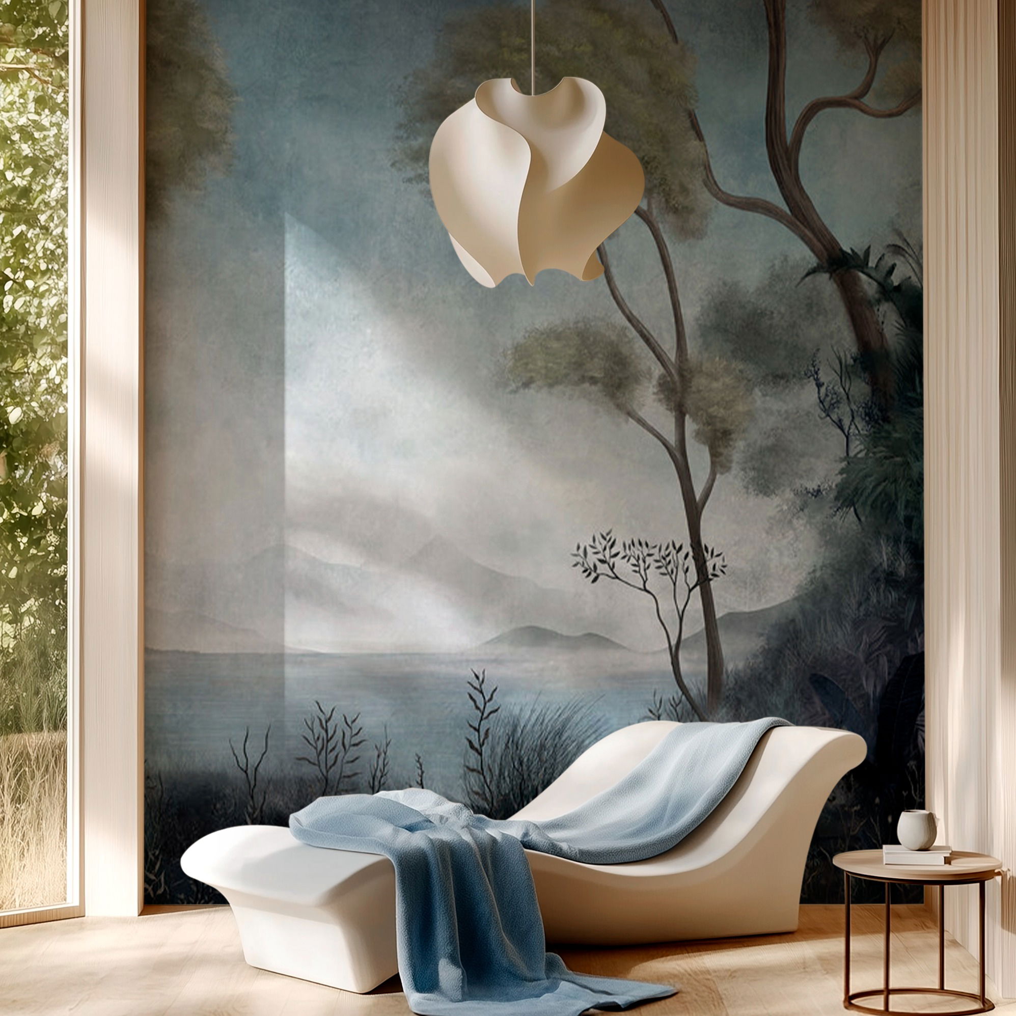 Living room with chaise lounge, blue throw, and nature-themed wallpaper.