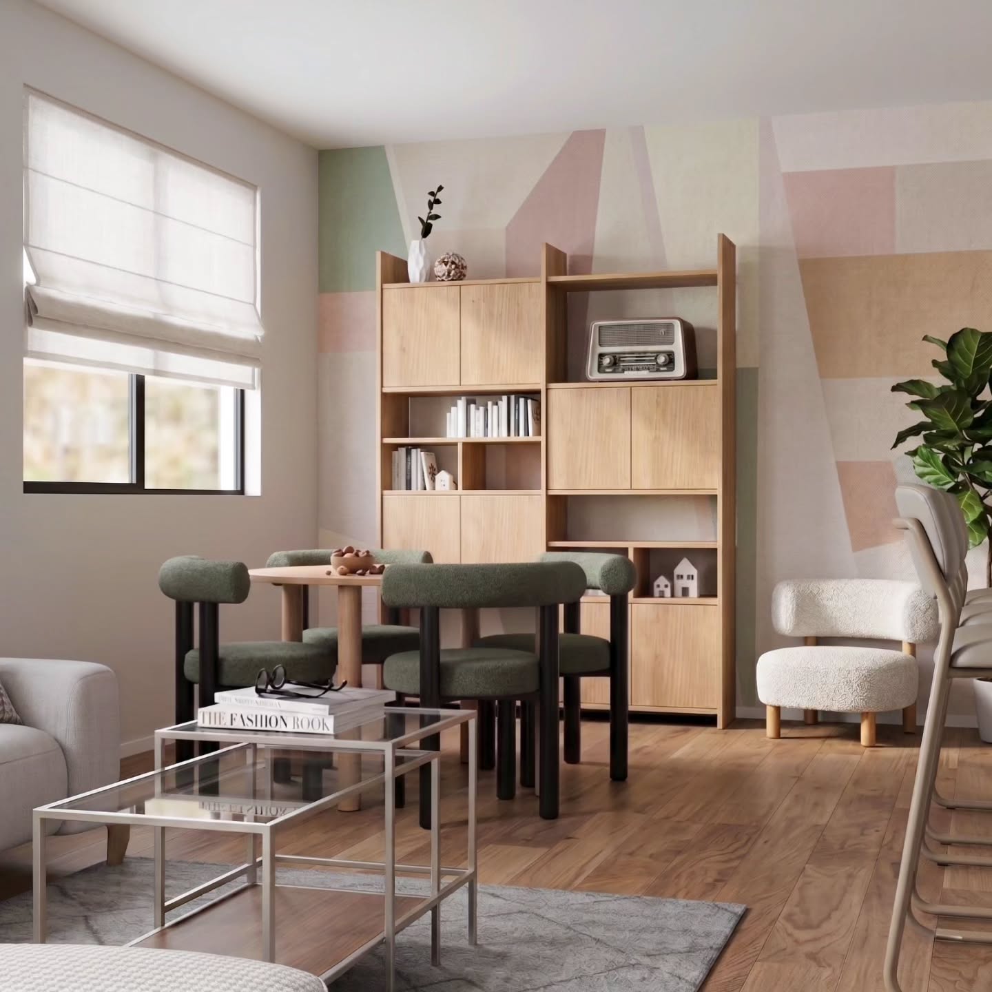 Modern living room with wood shelving, green chairs, and a glass coffee table.
