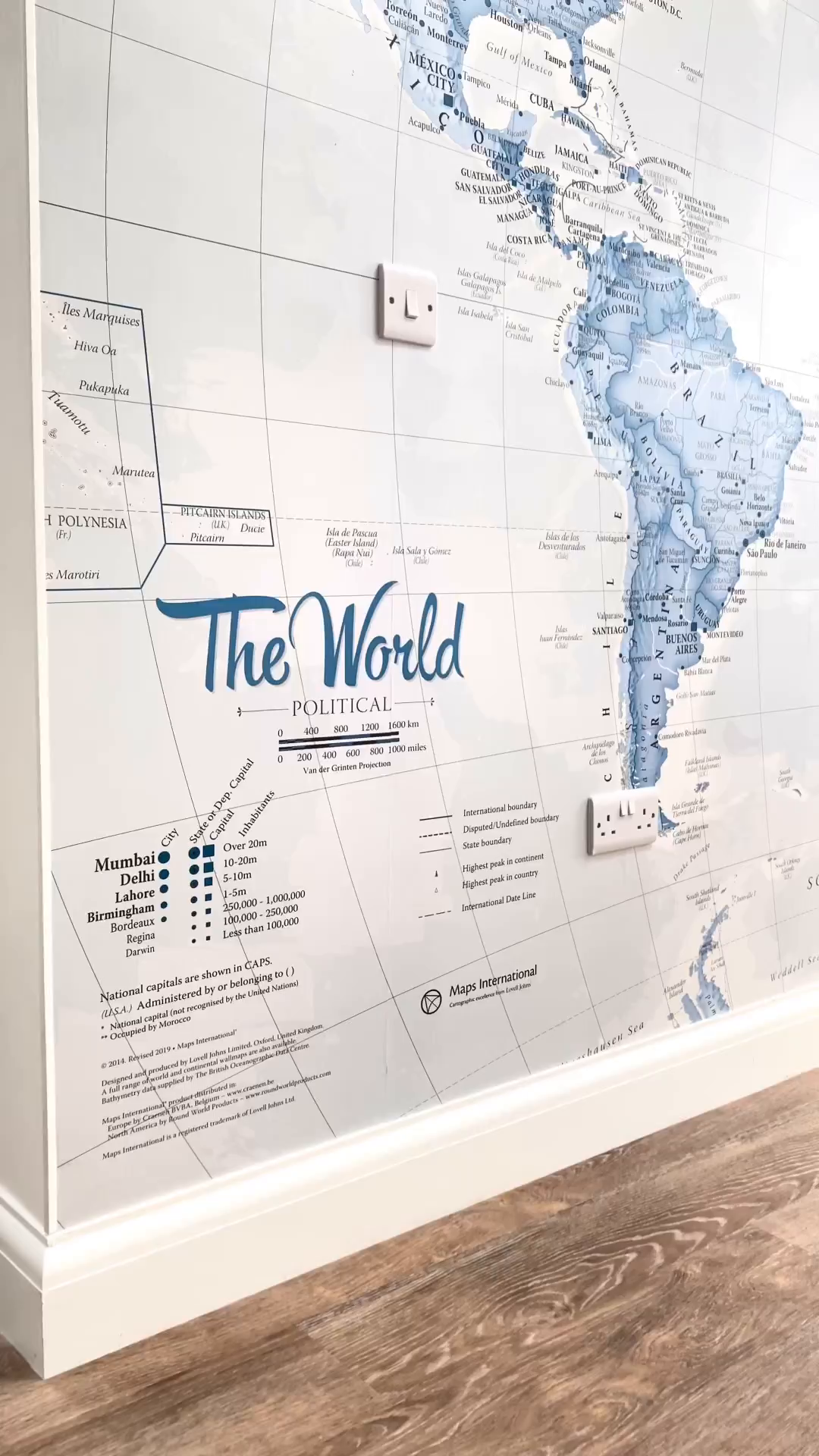 "The World Political" map by Maps International with light switch and outlet on top.