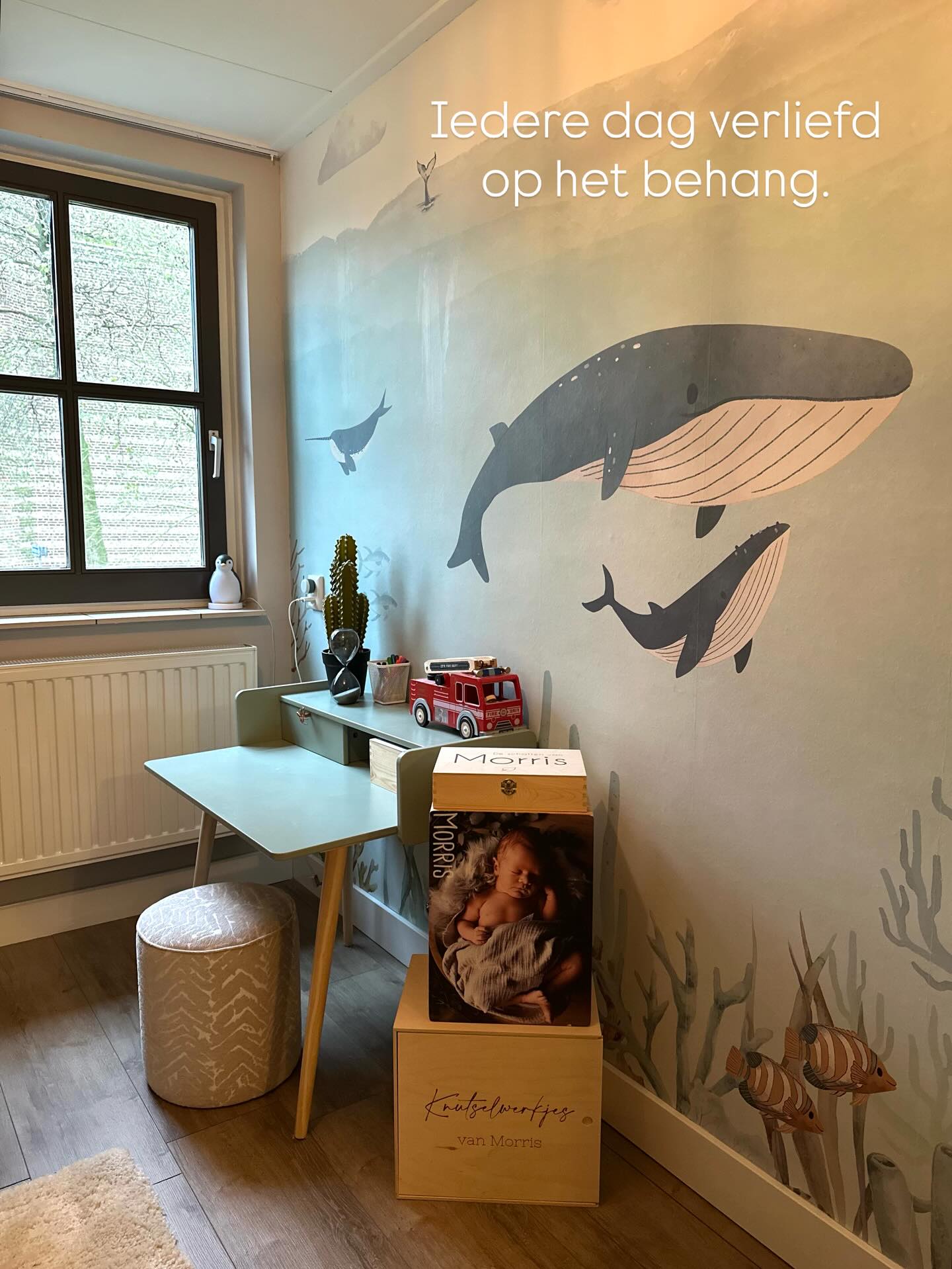 Nursery scene with ocean-themed wallpaper, light green desk, and personalized boxes with baby pictures.