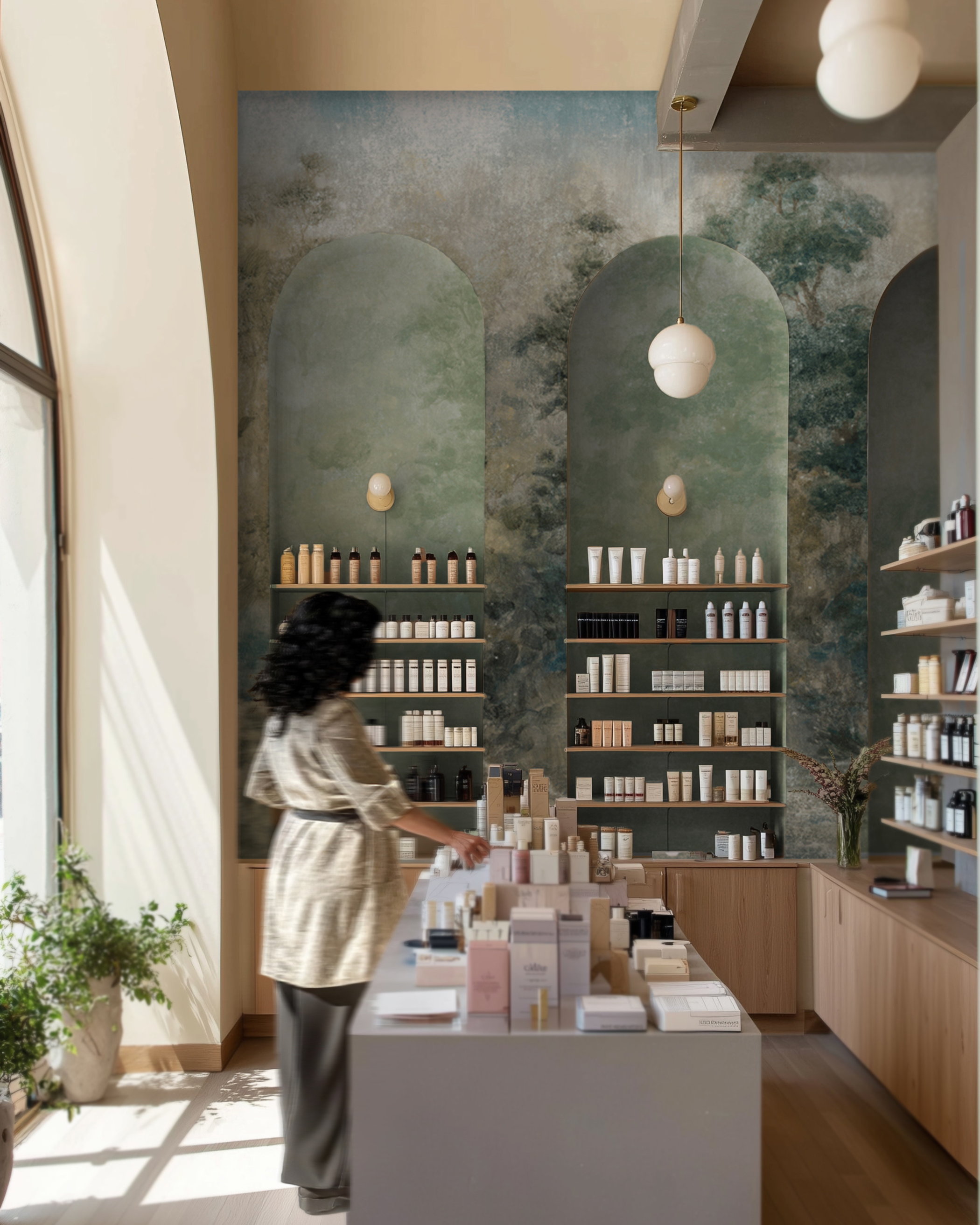 Inside a boutique with shelves of beauty products and a customer browsing.