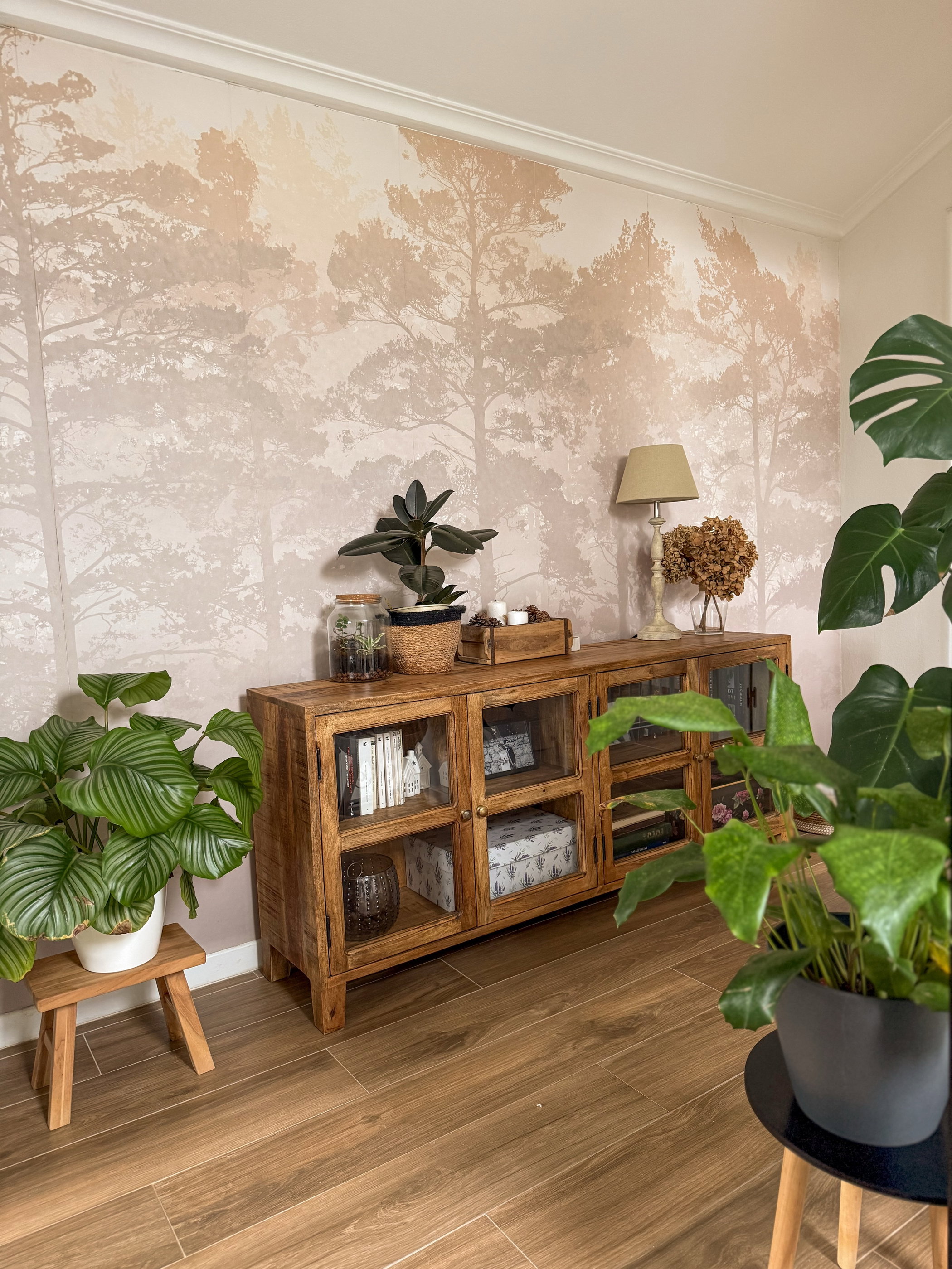 Credenza rustica in legno con ante in vetro su carta da parati con motivo forestale chiaro. Piante in vaso fiancheggiano la credenza e si trovano sulla sua superficie.
