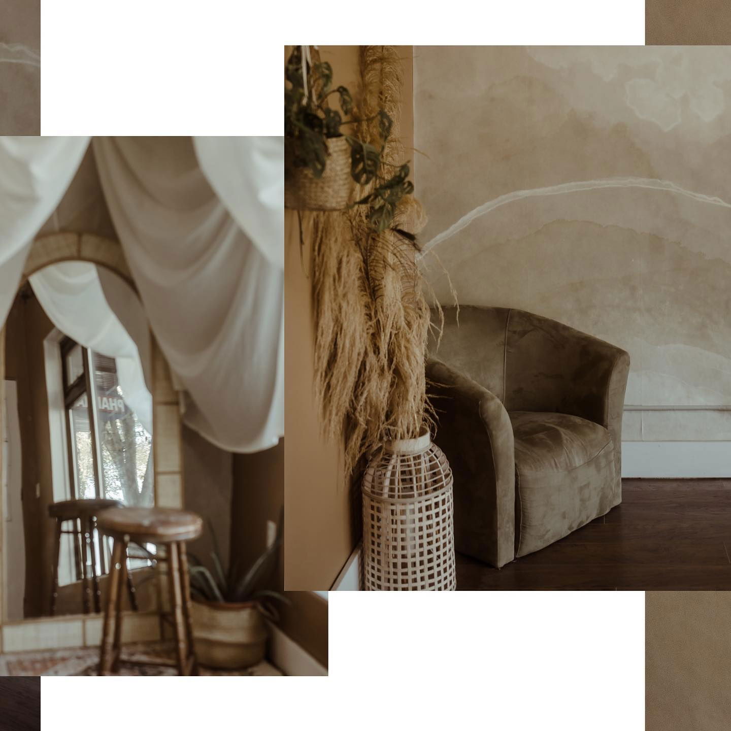 Collage de elementos de diseño de interiores: silla, taburete, plantas y jarrón decorativo.