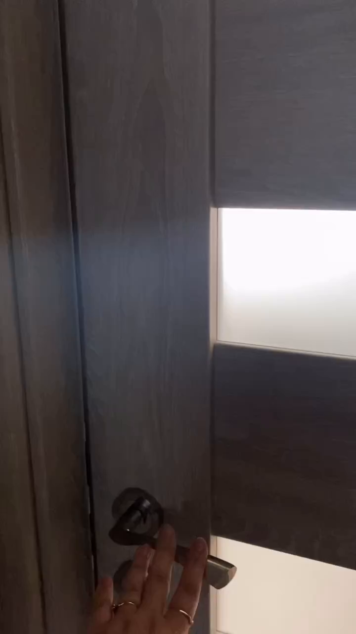 Hand opening a gray paneled door with a silver handle.