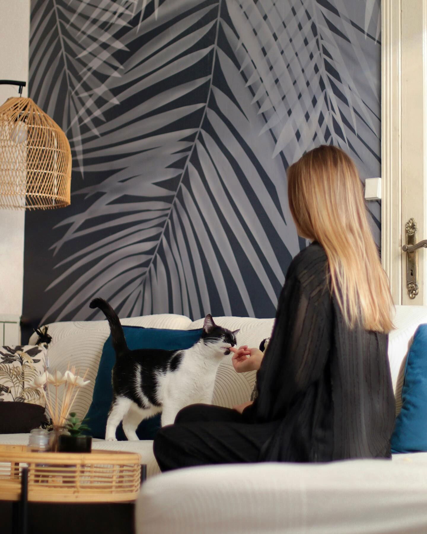 Woman feeds black and white cat on sofa with palm leaf wallpaper.