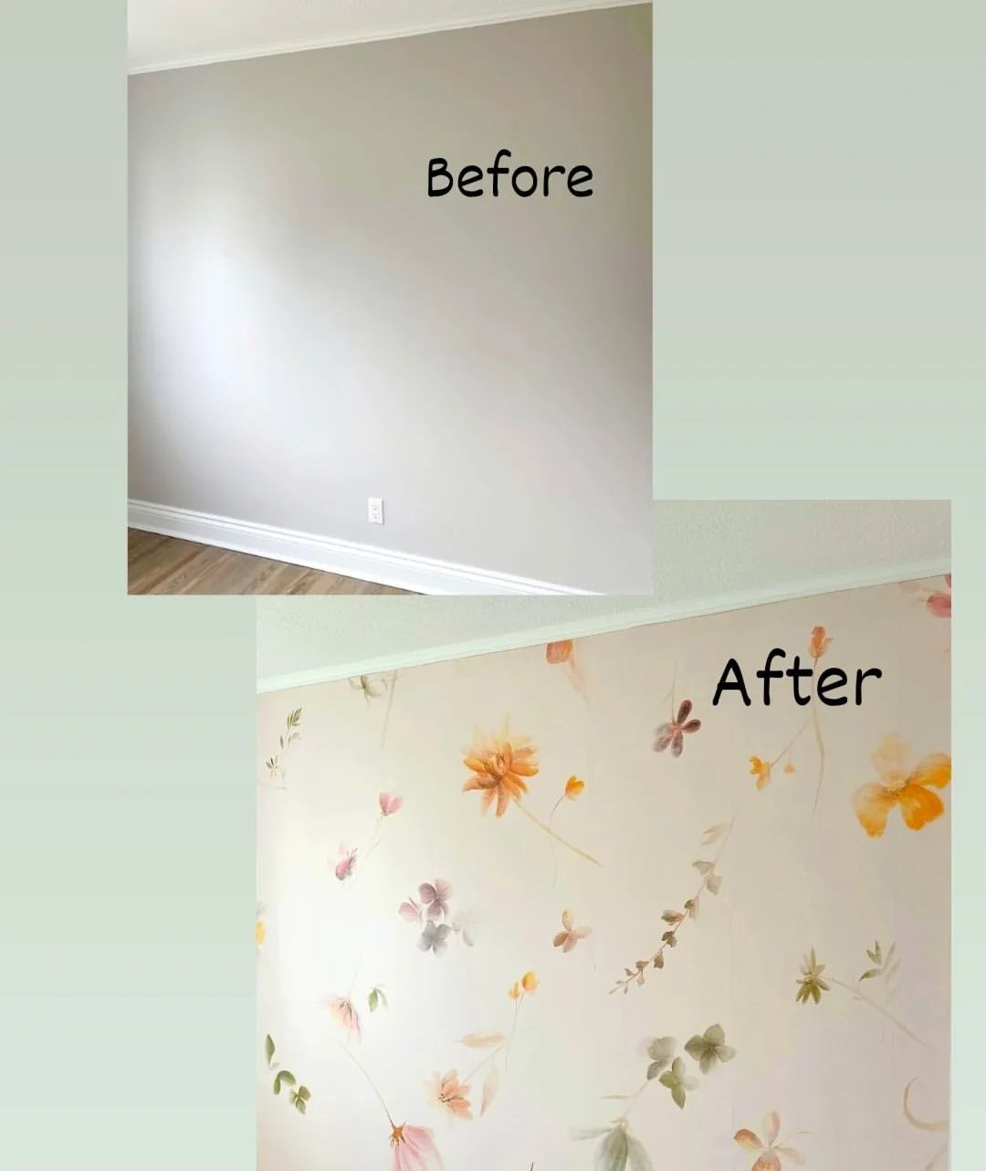 "Antes y después" de una pared. La pared del "antes" es lisa, de color gris claro. La pared del "después" tiene un papel tapiz floral con flores naranjas, rosas y verdes.