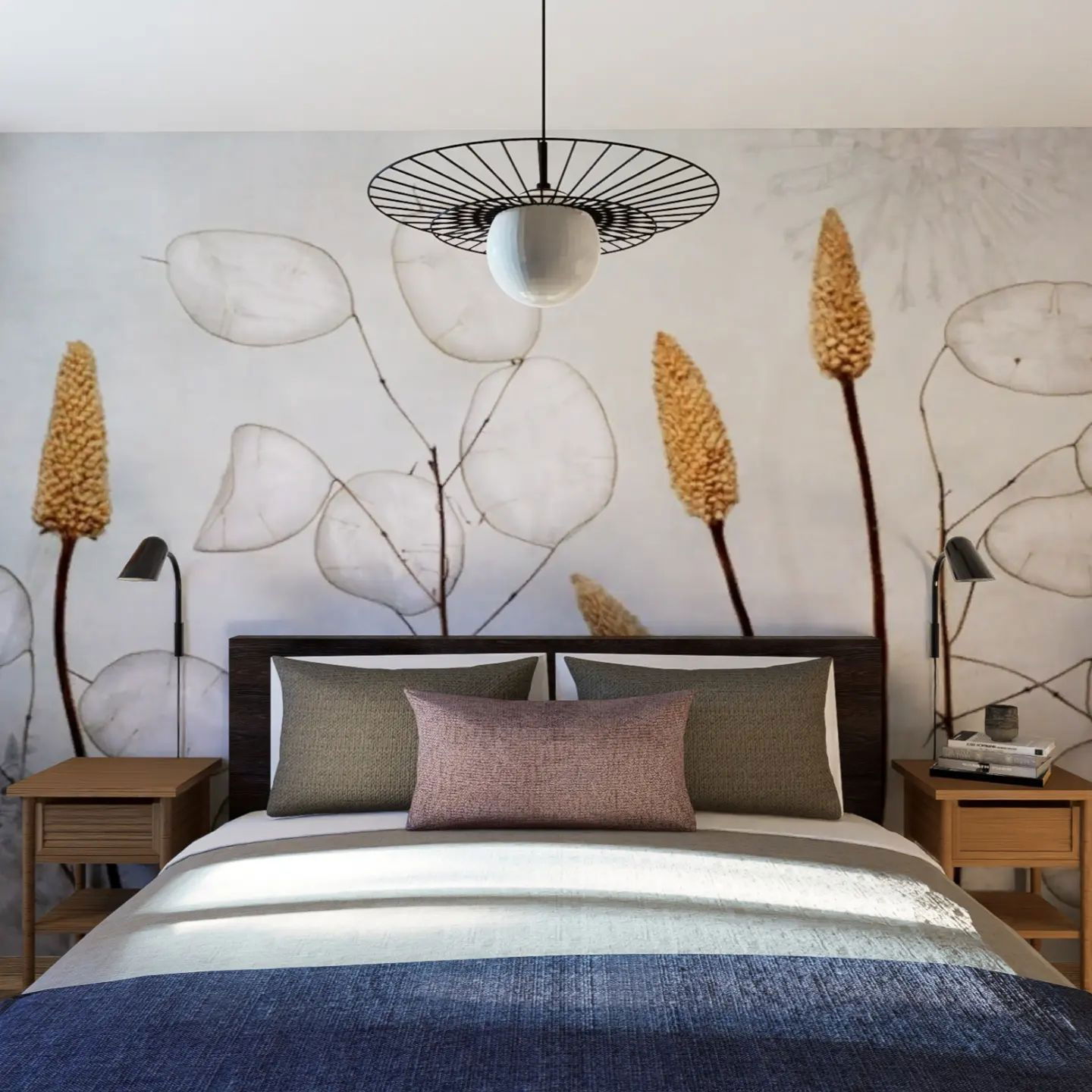 Bedroom with blue and white striped bedding, brown headboard, and floral wallpaper.