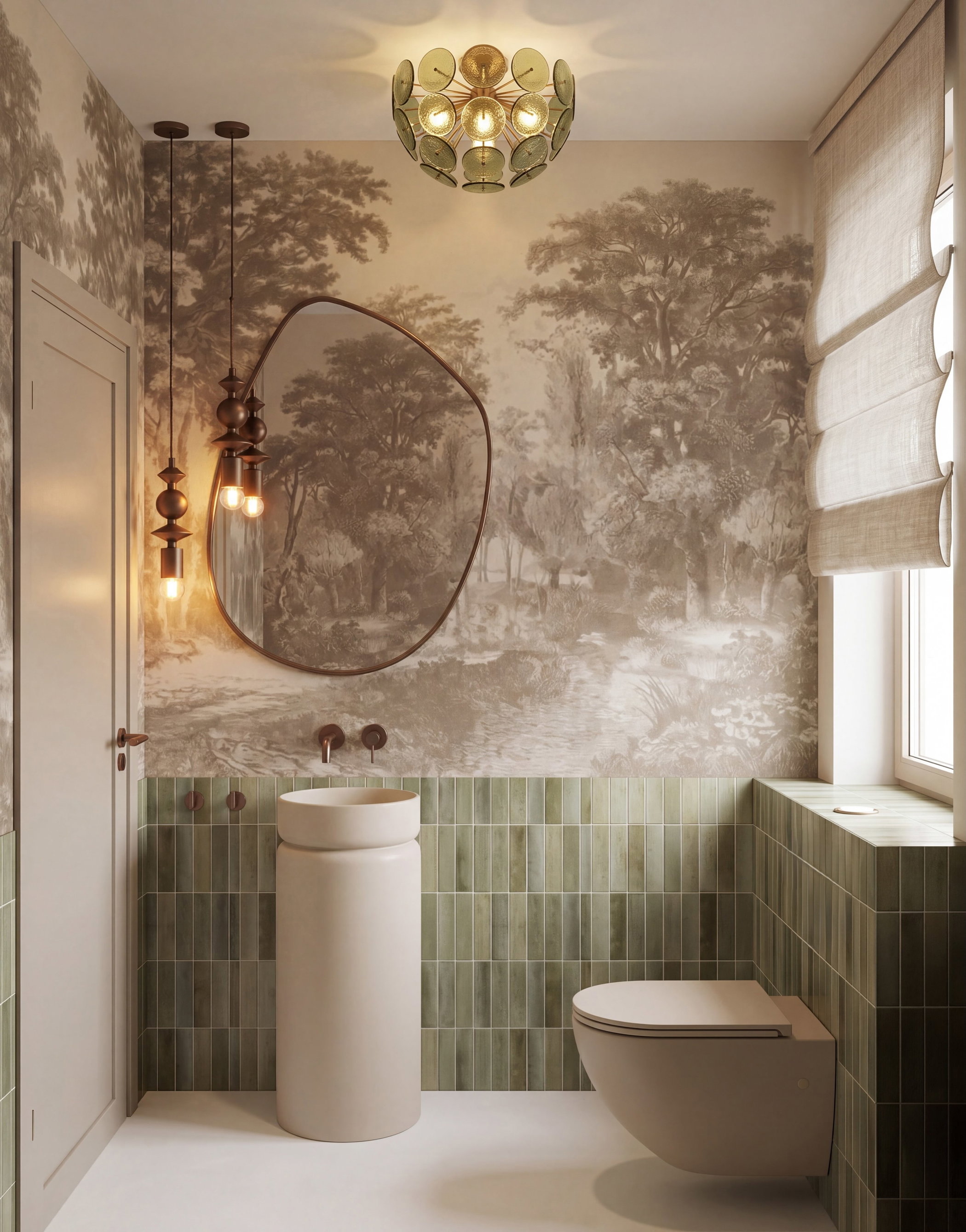 Badezimmer mit sepiafarbener Baumtapete, salbeigrünen Fliesen, beigefarbenem Waschbecken und WC, einem unregelmäßigen Spiegel sowie goldenen und bronzenen Leuchten.