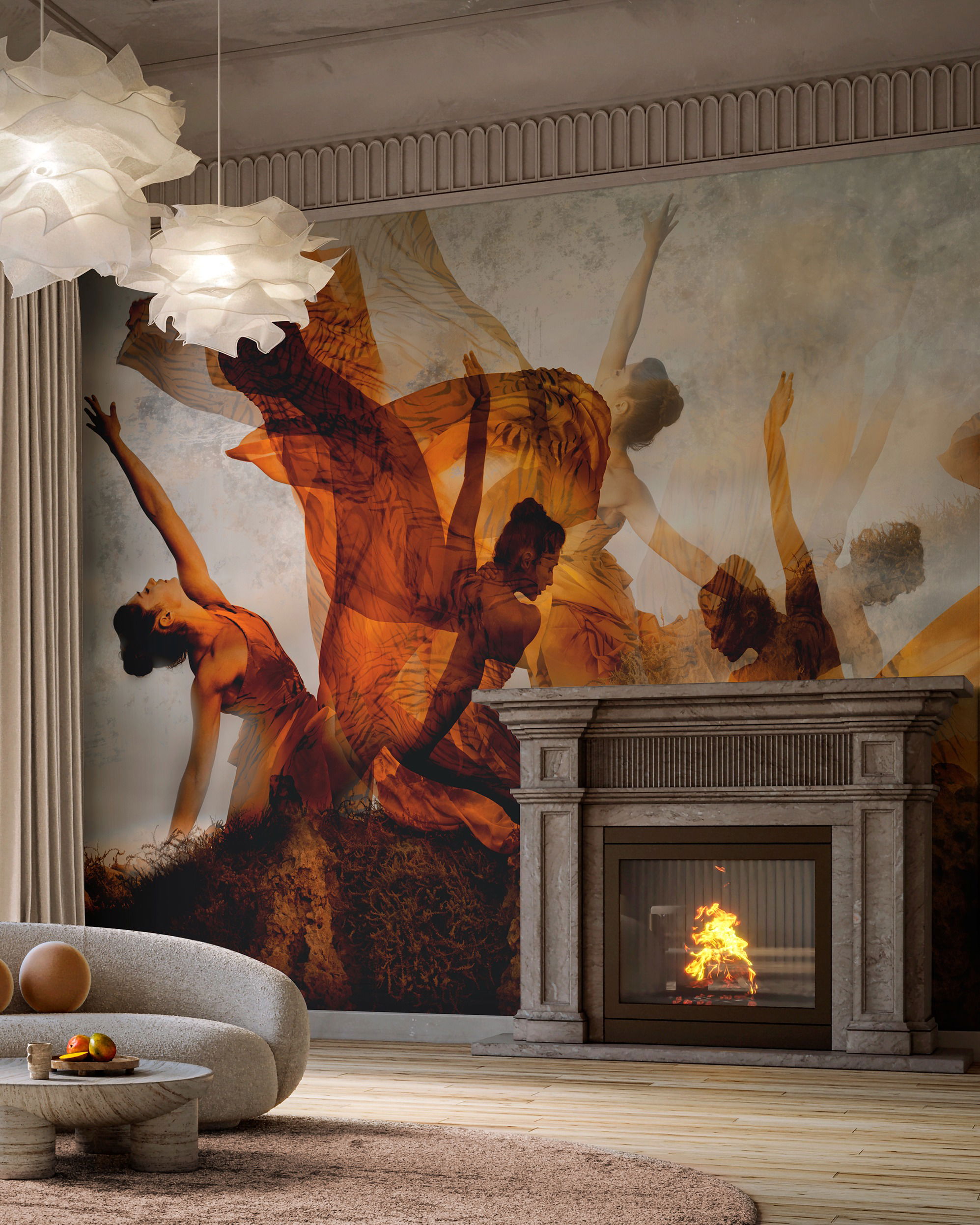 Living room with dancers mural, stone fireplace, and modern lighting.
