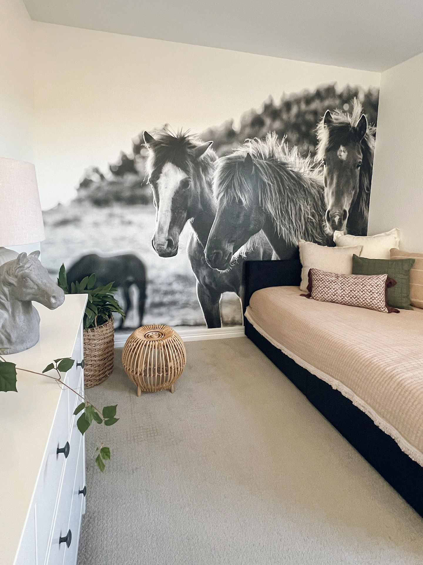 Chambre avec une murale de cheval en noir et blanc, une banquette-lit et une commode blanche.