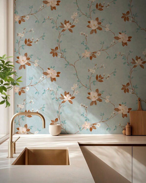 Kitchen with gold faucet, sink, and floral wallpaper.