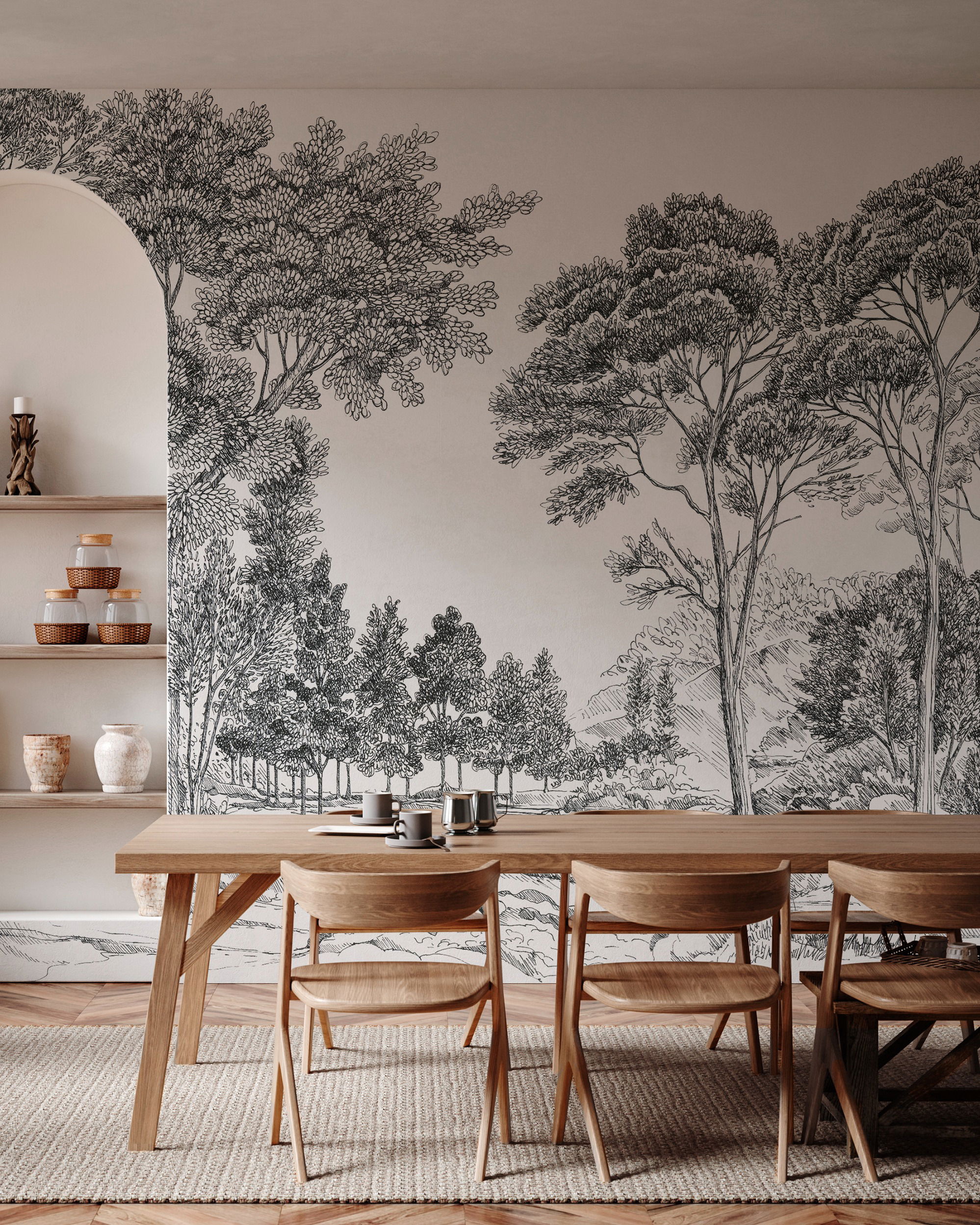 Dining room with wood table, chairs, and black and white forest mural.