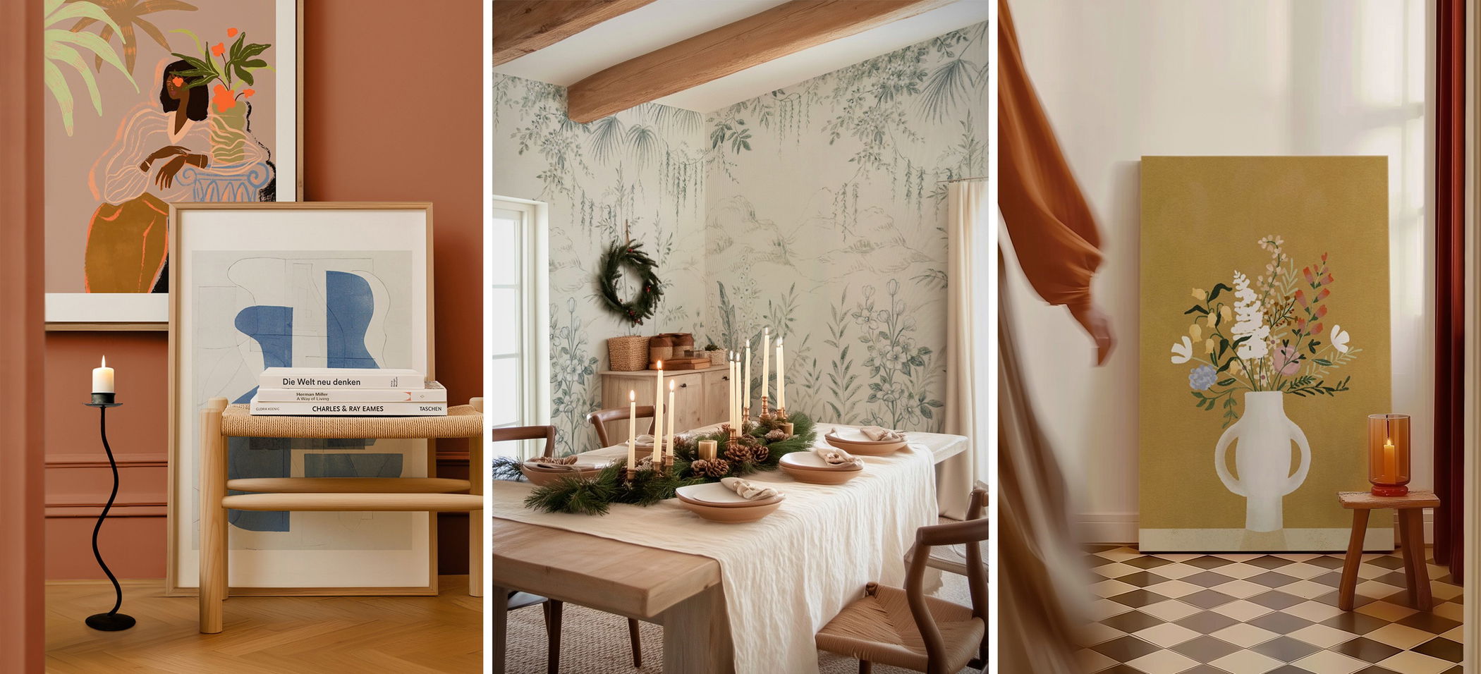 Collage av tre inredningsscener med konst, matbord och dekor.