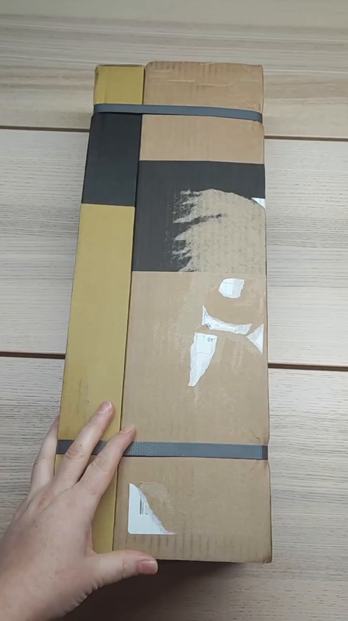 A hand holds a taped cardboard package.