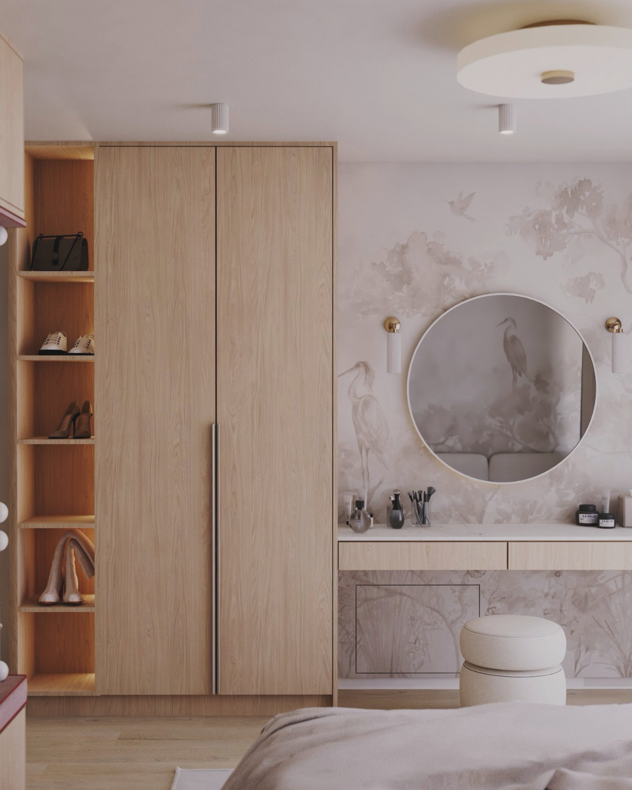 Minimalist bedroom with light wood wardrobe, vanity, round mirror, and nature-themed wallpaper.