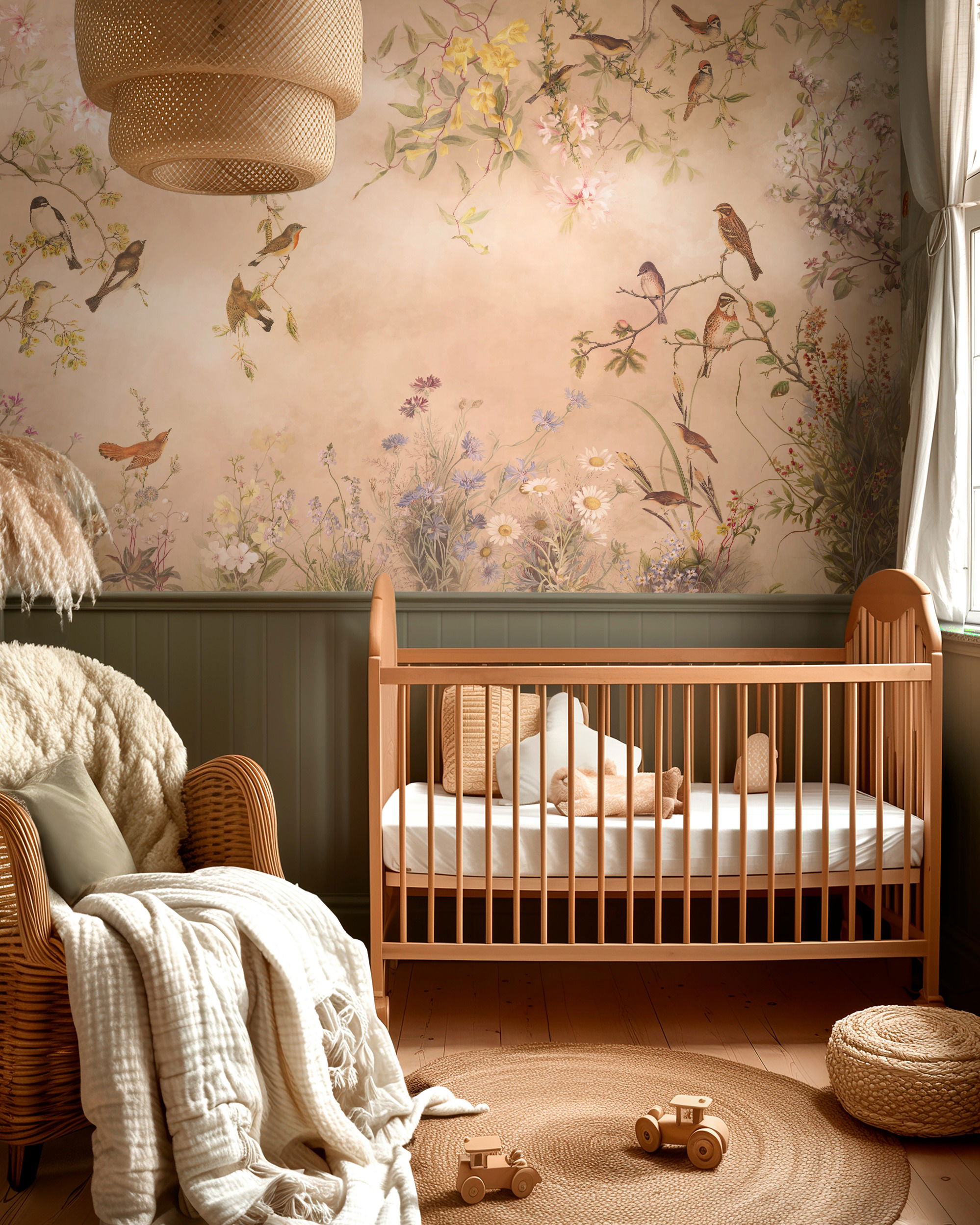 Babykamer met houten wieg, bloemenbehang en geweven accenten.
