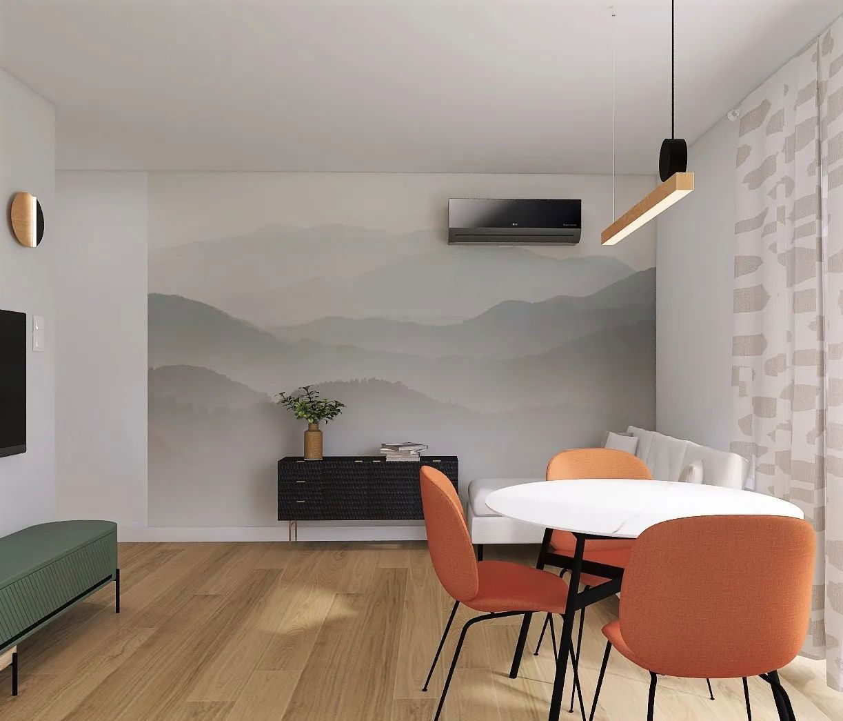 Wohnzimmer mit Bergwandbild, rundem weißen Tisch und orangefarbenen Stühlen.