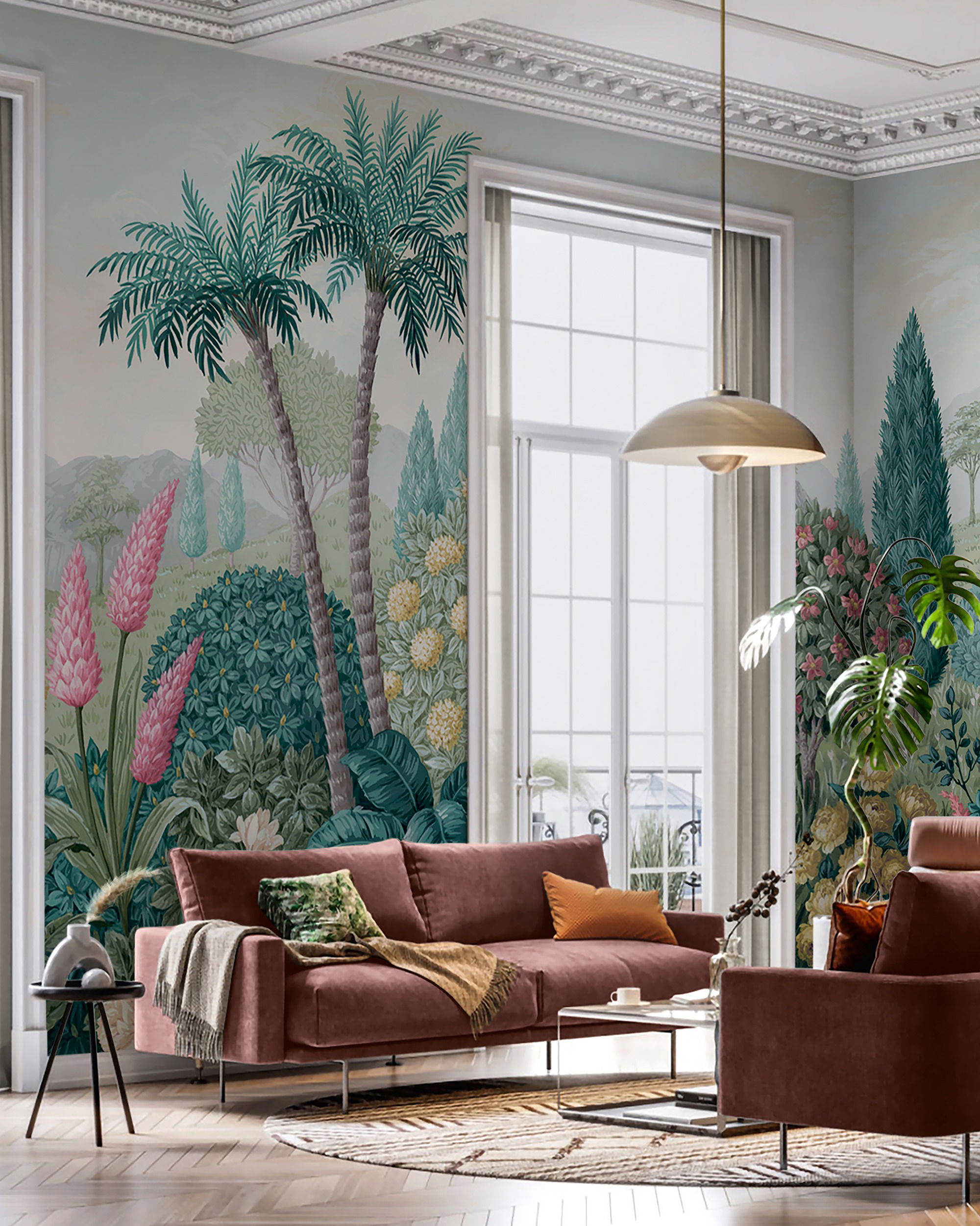Living room with floral wallpaper, brown sofa, and pendant light.