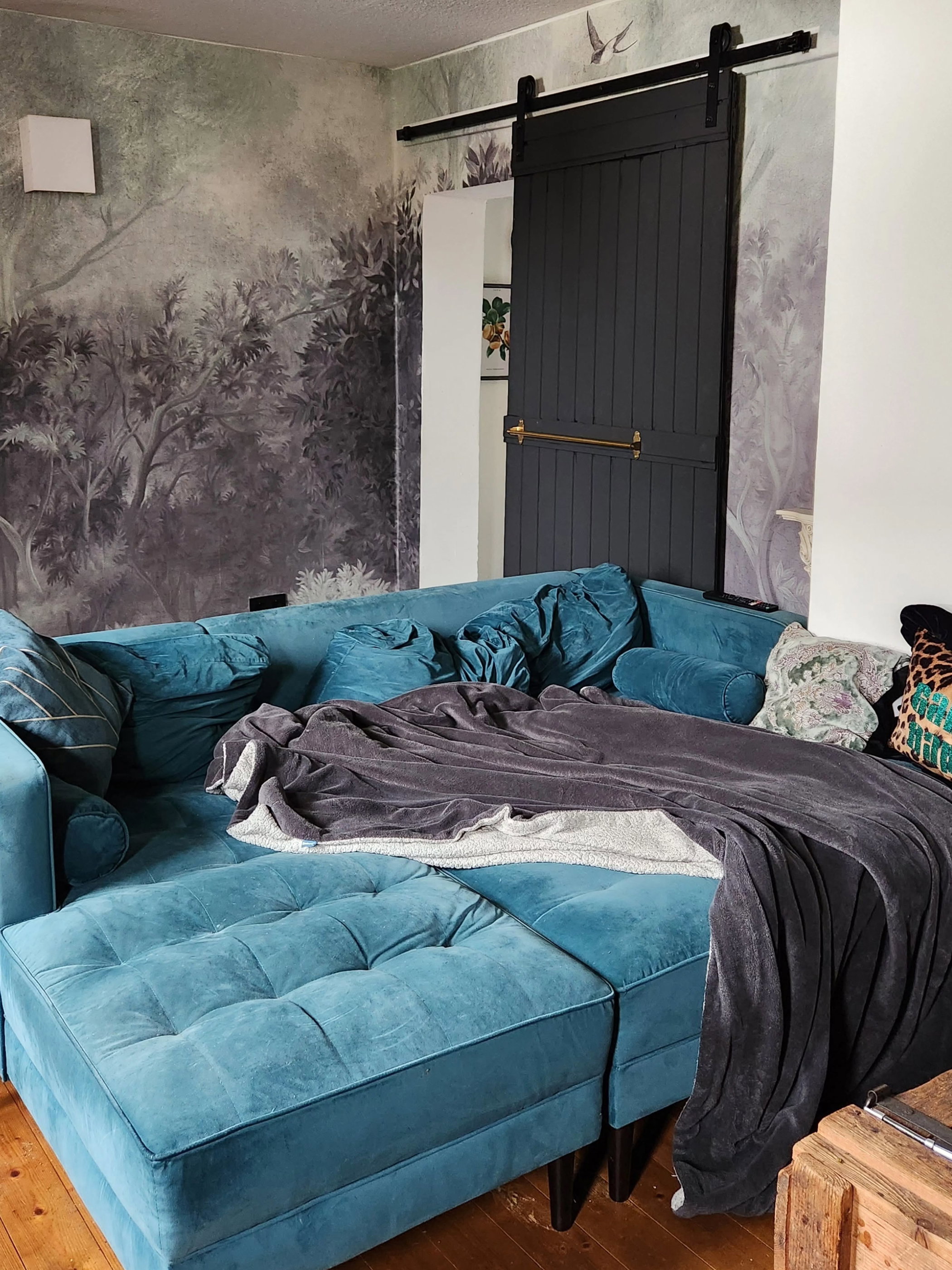 Plush teal sectional sofa with a dark gray throw blanket, against a forest mural and dark sliding barn door.