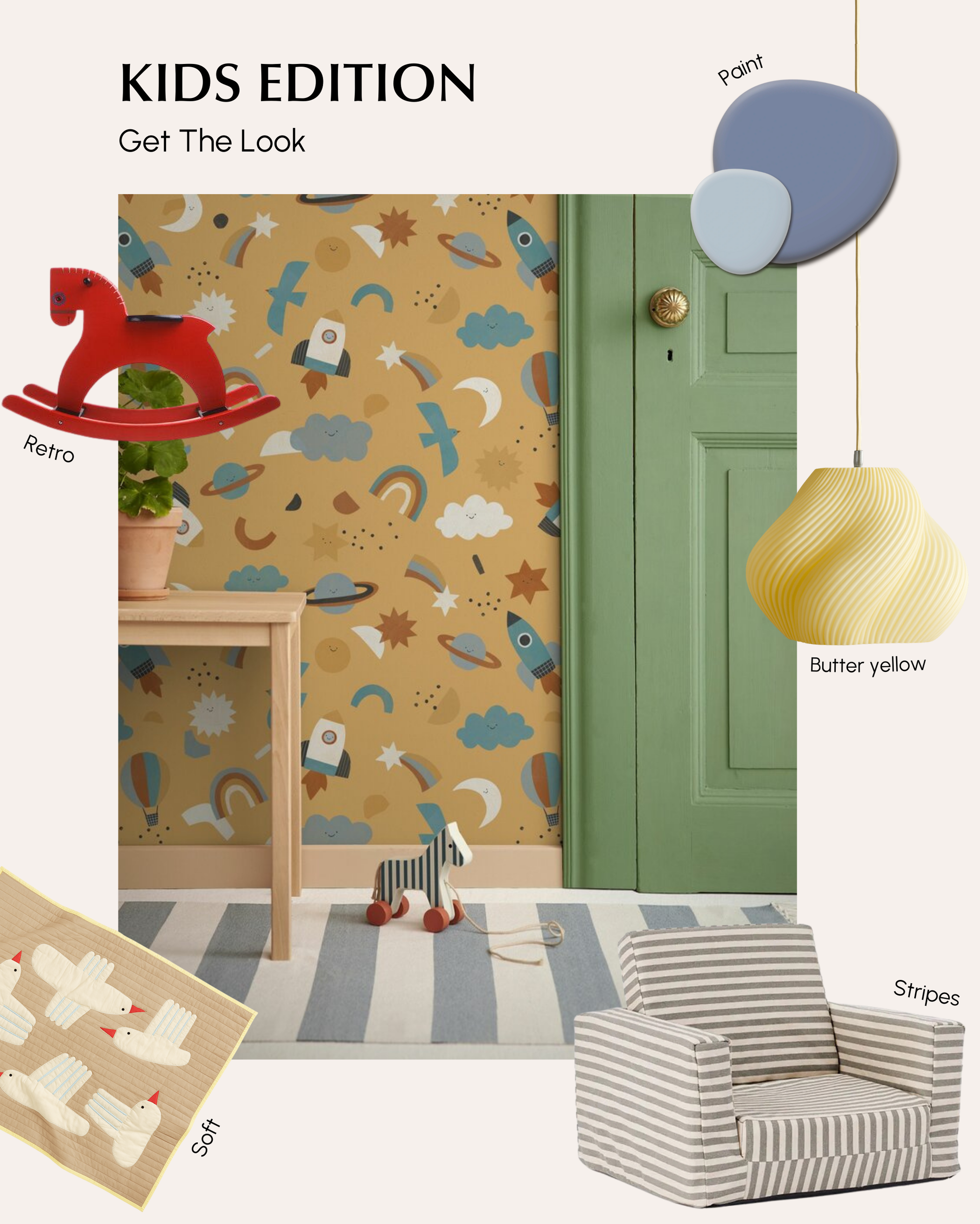 "Kids Edition: Hol dir den Look" Zimmer mit Retro-Schaukelpferd, Weltraum-Tapete, gestreiftem Teppich und Stuhl und buttergelber Pendelleuchte.