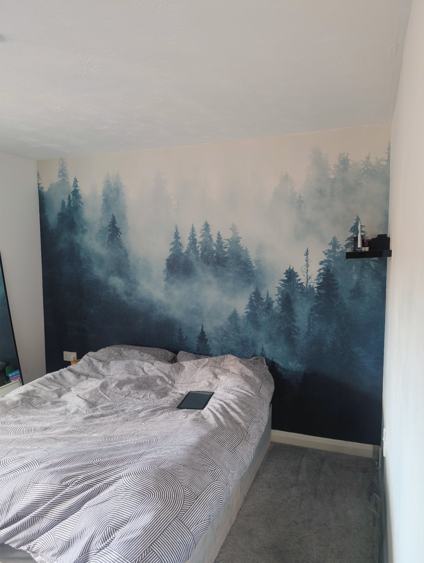 Bedroom with patterned comforter and forest wallpaper mural.
