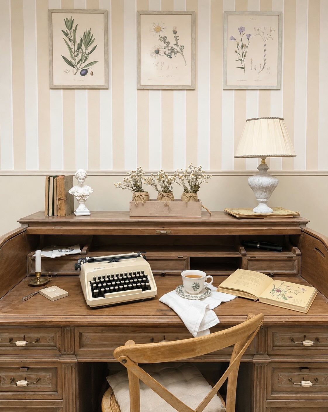 Vintage typewriter and teacup on an antique wooden desk with botanical prints on striped wallpaper.