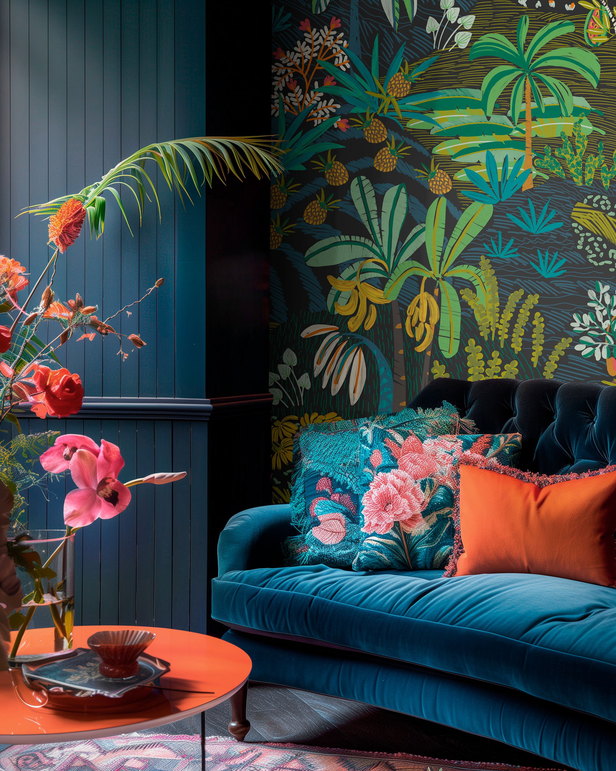 Eclectic living room with blue velvet sofa, floral pillows, and tropical wallpaper.
