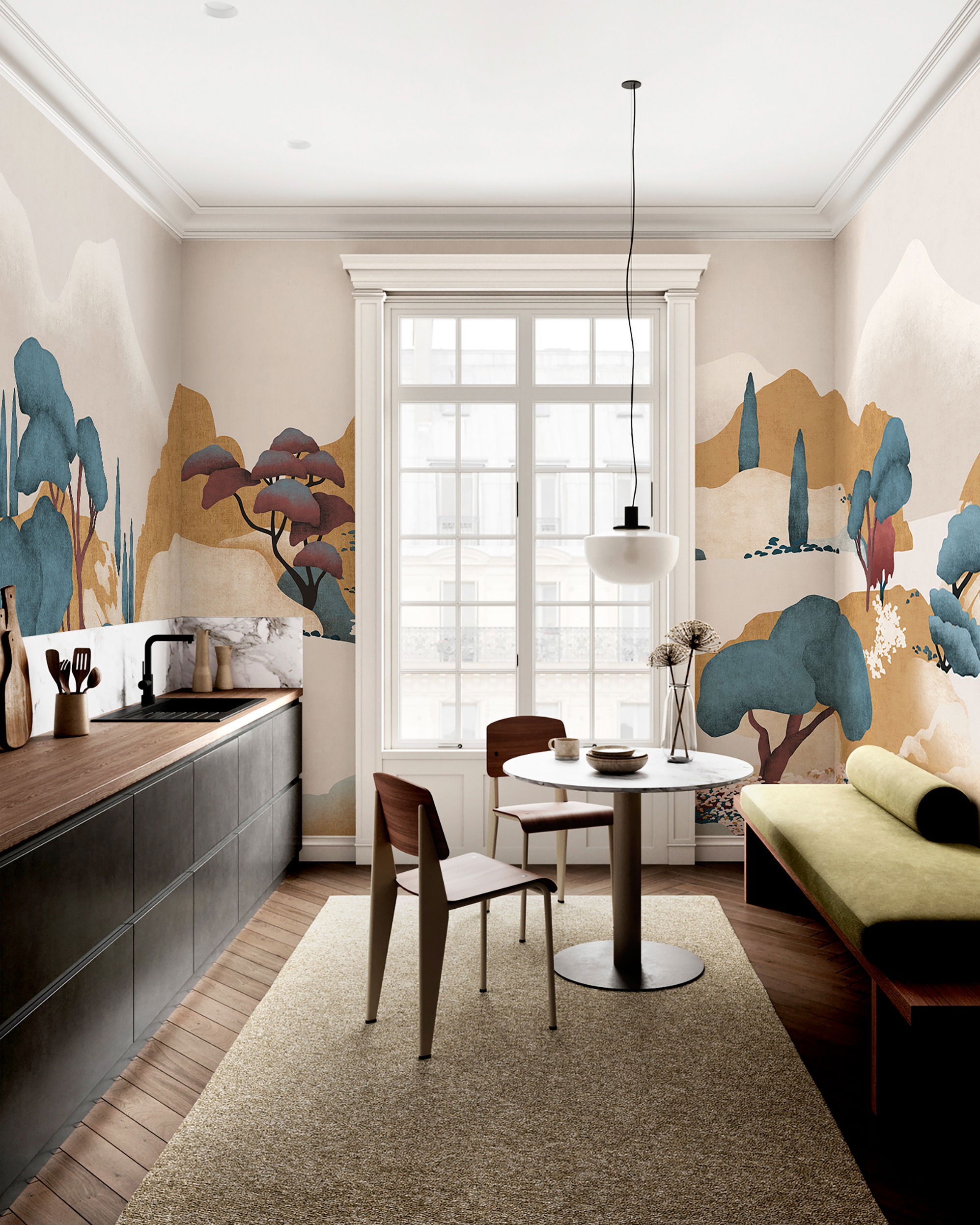 A kitchen and dining area with landscape mural wallpaper.