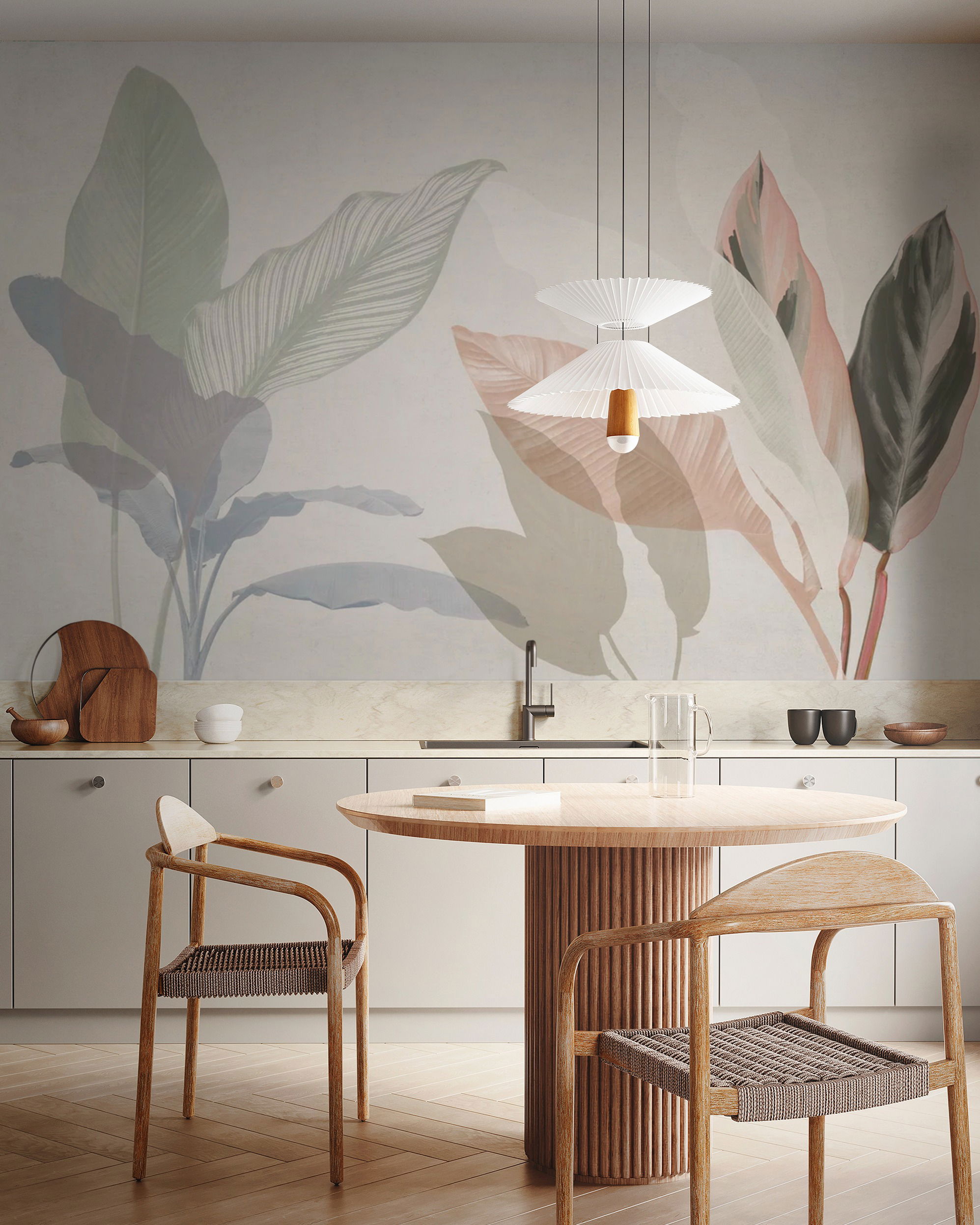 Interior view of kitchen with round table, chairs, and leaf-patterned wallpaper.