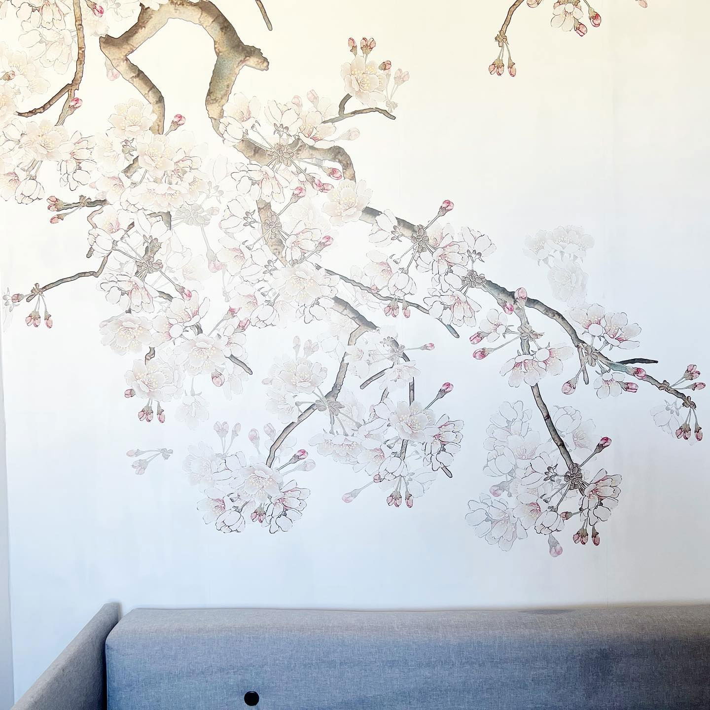 Interiør med grå sofa og hvid væg med et kirsebærblomstgren-vægmaleri.